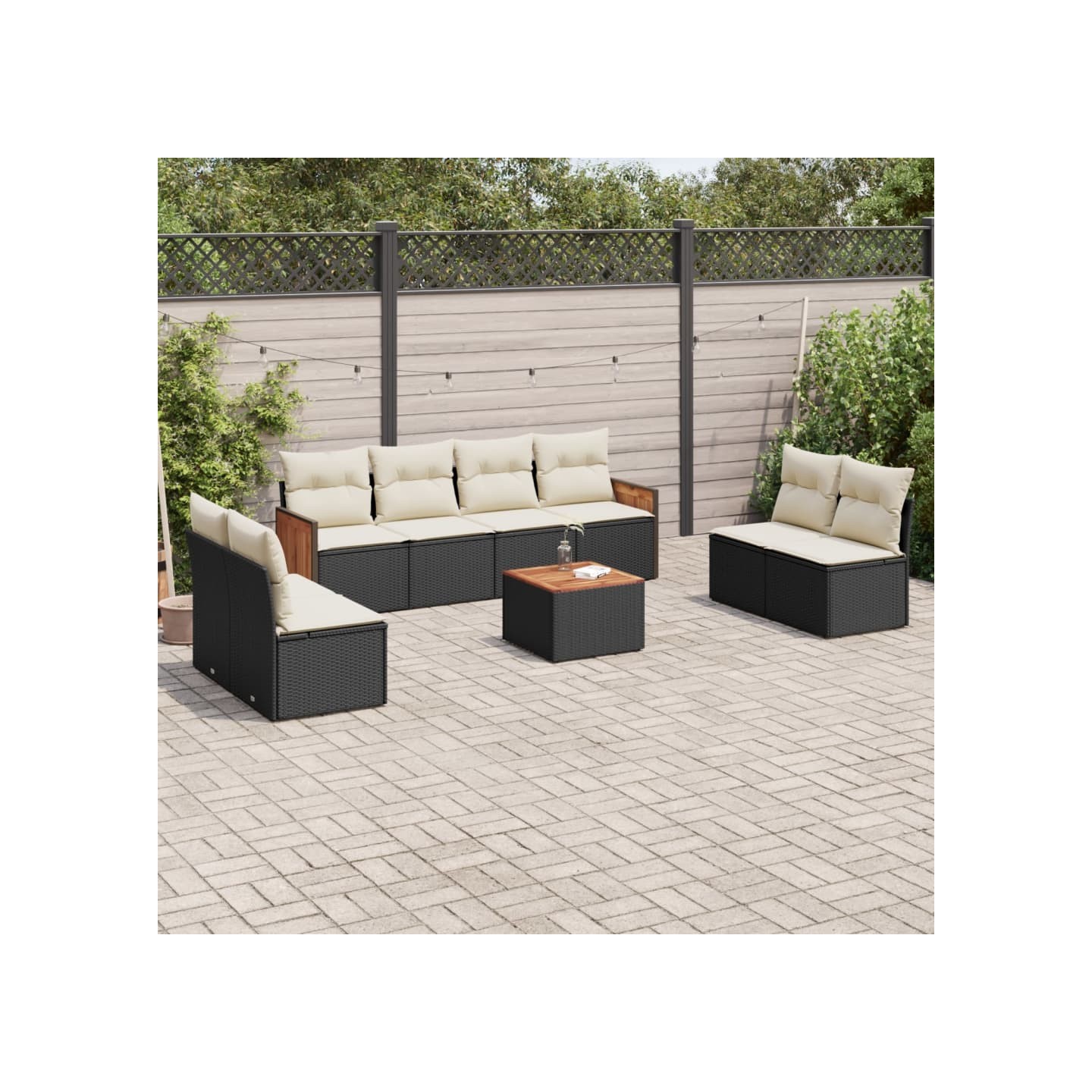 Salon de jardin 9 pcs avec coussins noir résine tressée