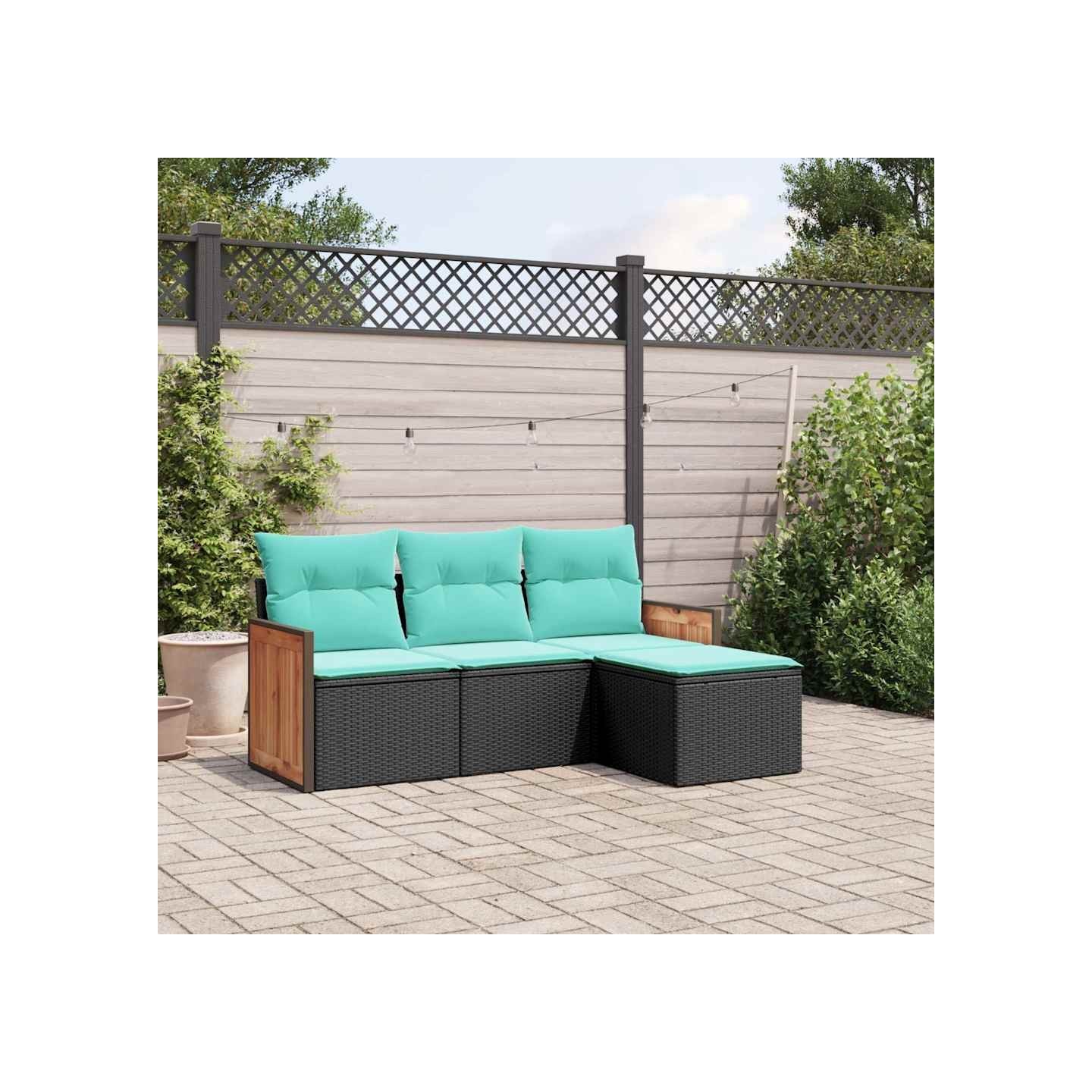 Salon de jardin 4 pcs avec coussins noir résine tressée