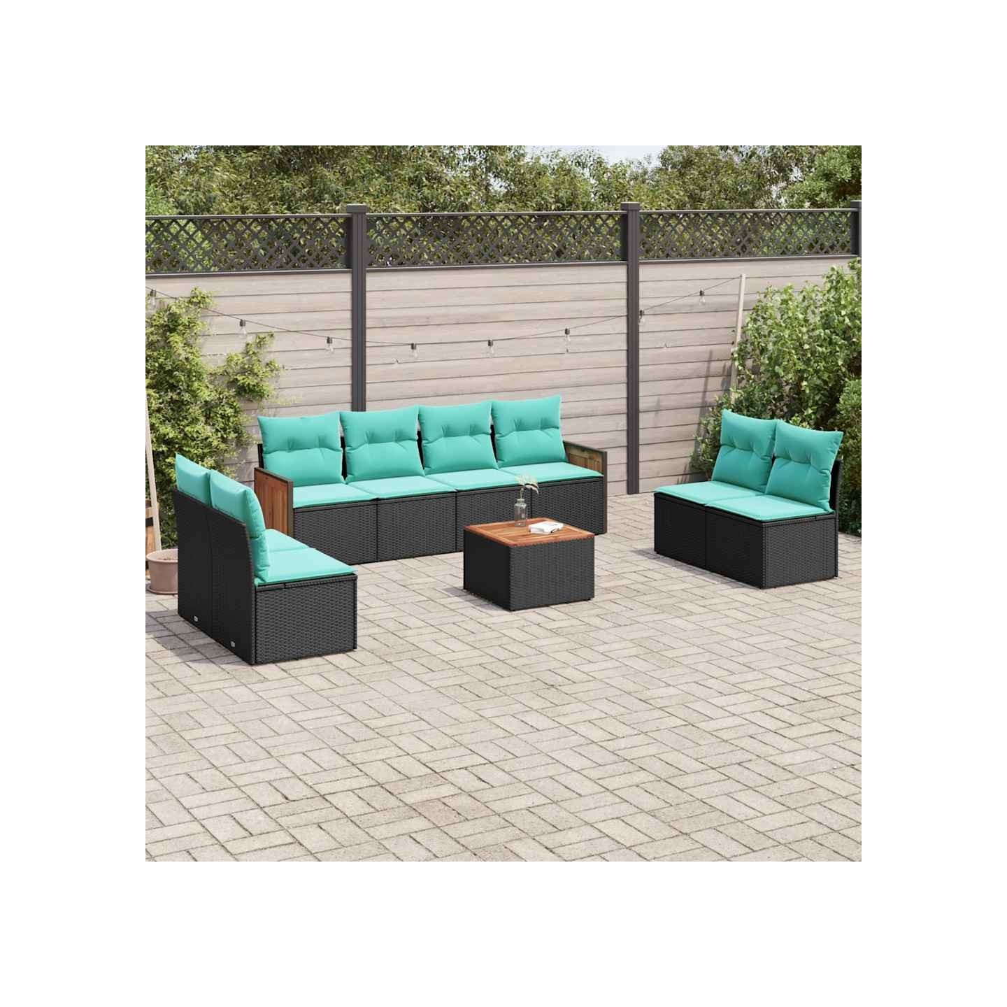 Ensemble de canapé de jardin 9 pcs avec coussins noir résine tressée