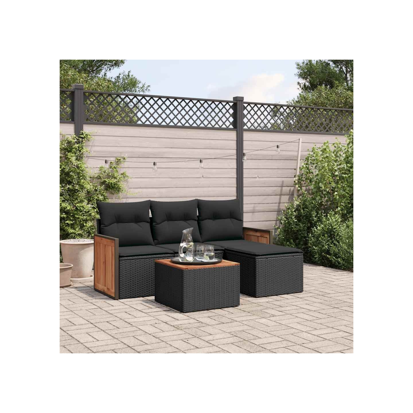 Salon de jardin 5 pcs avec coussins noir résine tressée