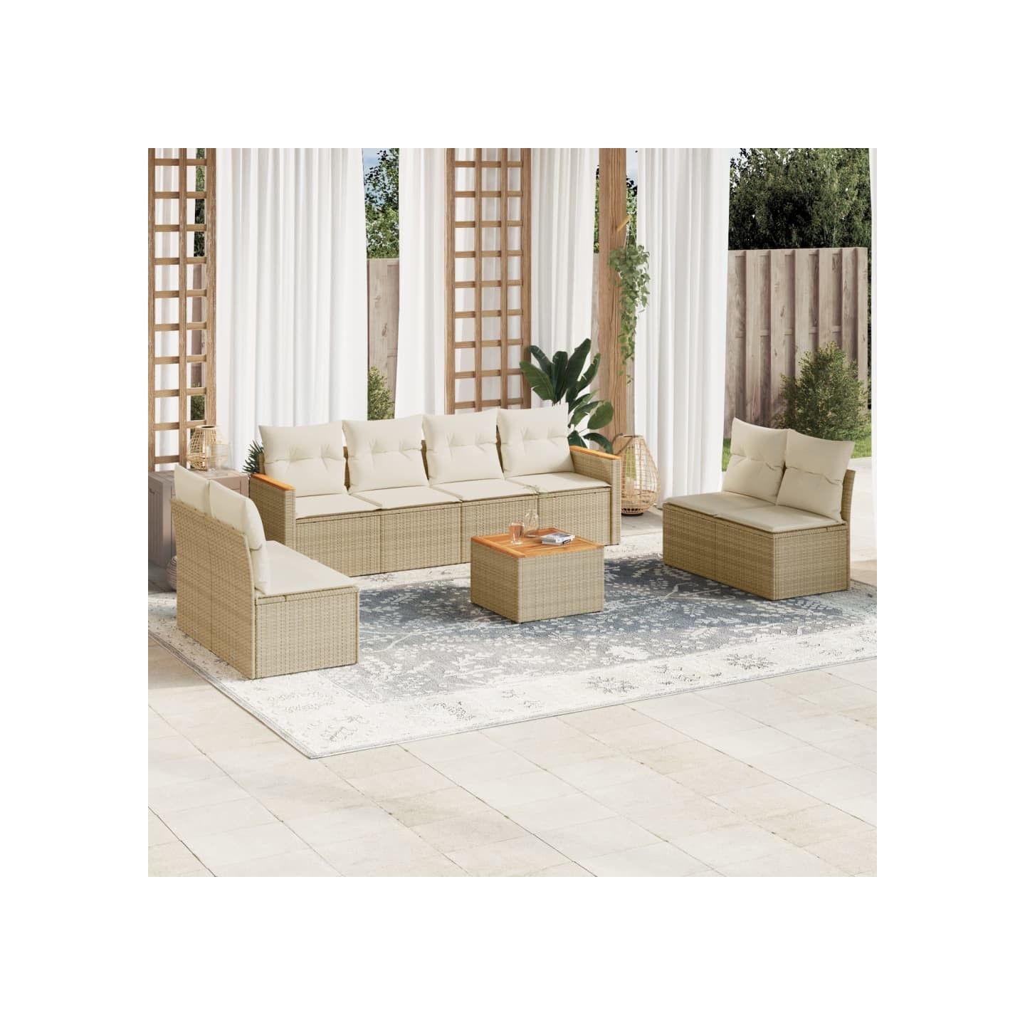 Salon de jardin avec coussins 9 pcs beige résine tressée