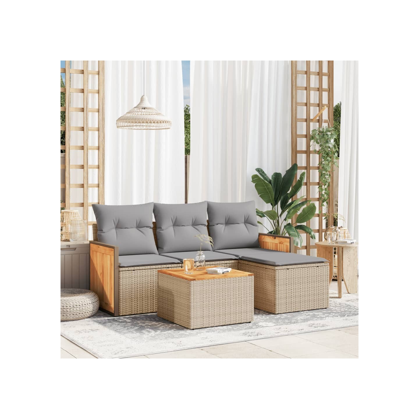 Salon de jardin avec coussins 5 pcs beige résine tressée