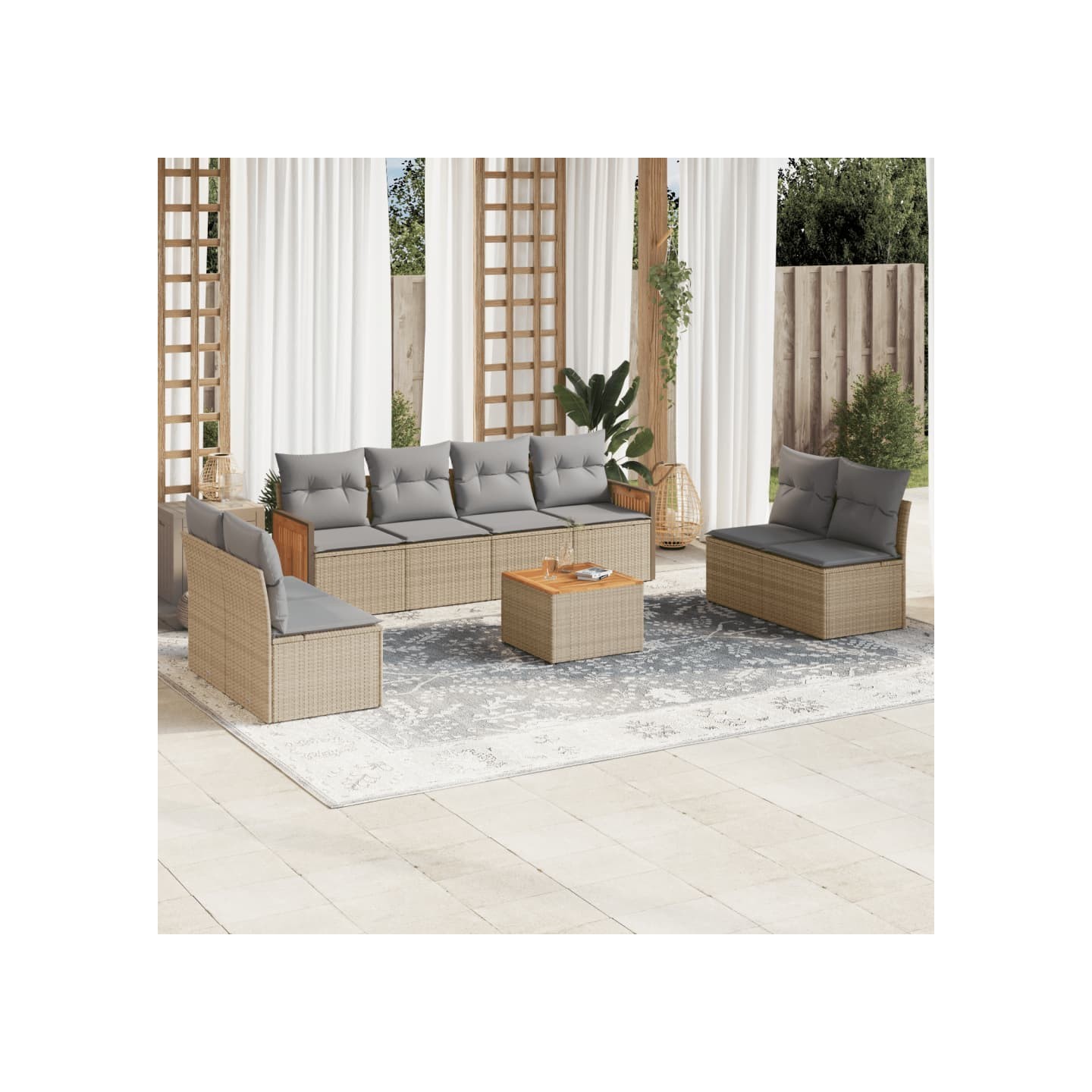 Salon de jardin avec coussins 9 pcs beige résine tressée