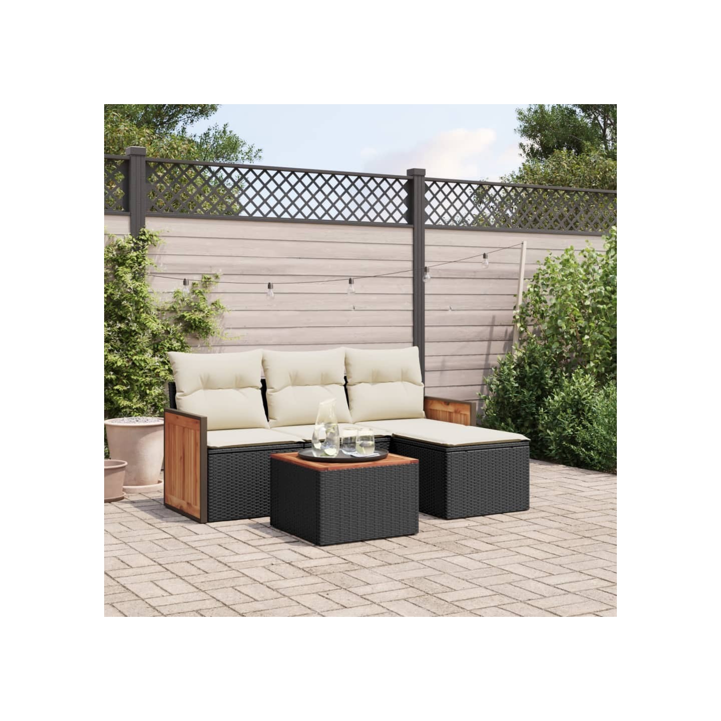 Salon de jardin 5 pcs avec coussins noir résine tressée