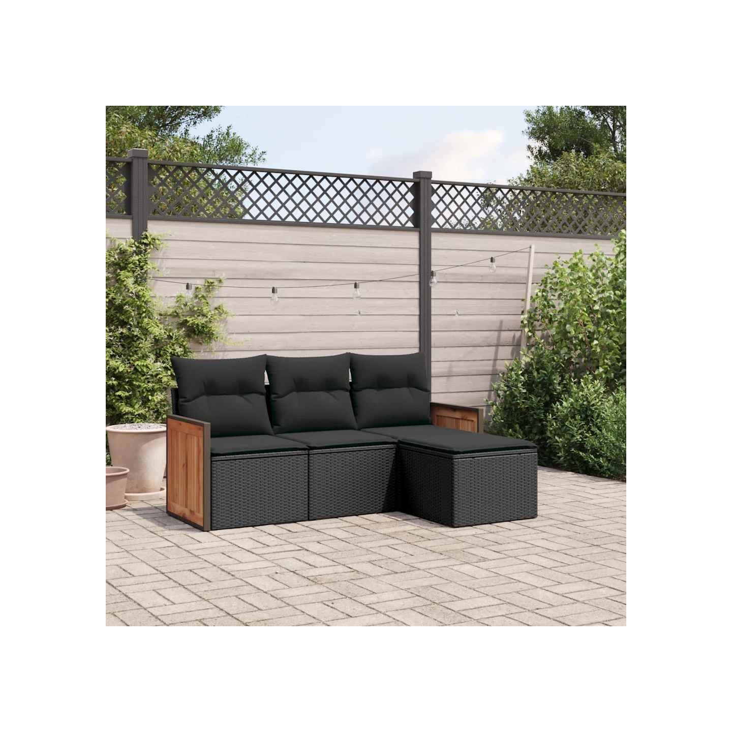 Salon de jardin 4 pcs avec coussins noir résine tressée