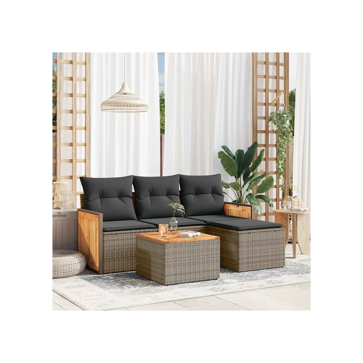 Salon de jardin 5 pcs avec coussins gris résine tressée