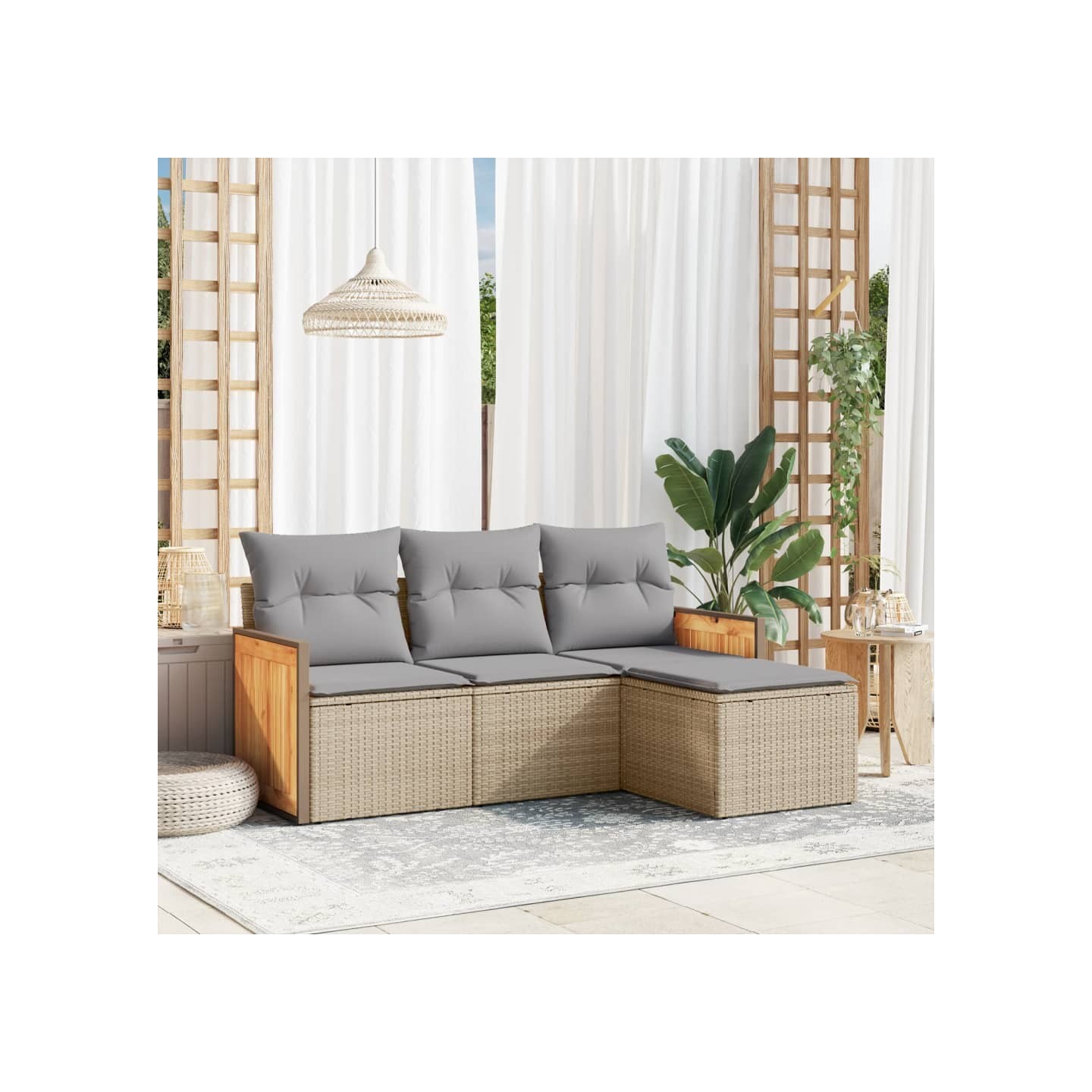 Salon de jardin avec coussins 4 pcs beige résine tressée