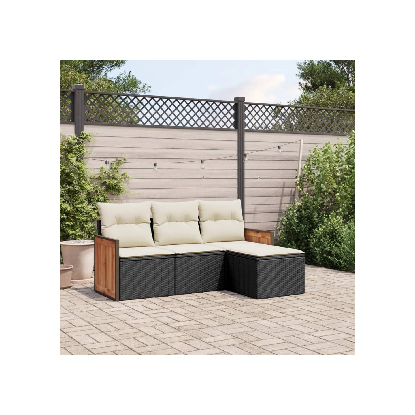 Salon de jardin 4 pcs avec coussins noir résine tressée
