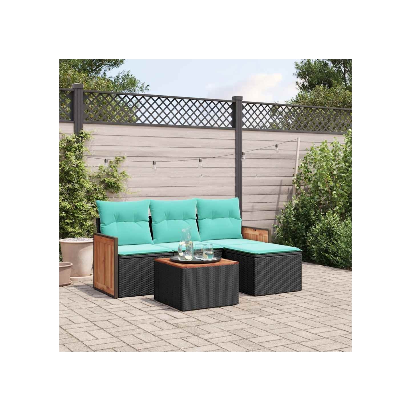Ensemble de canapé de jardin 5 pcs avec coussins noir résine tressée