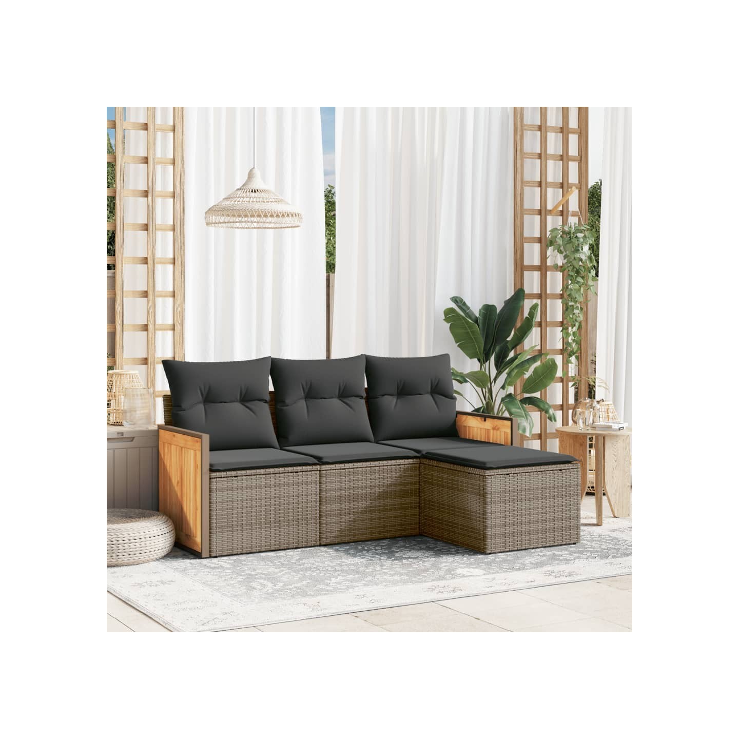 Salon de jardin 4 pcs avec coussins gris résine tressée
