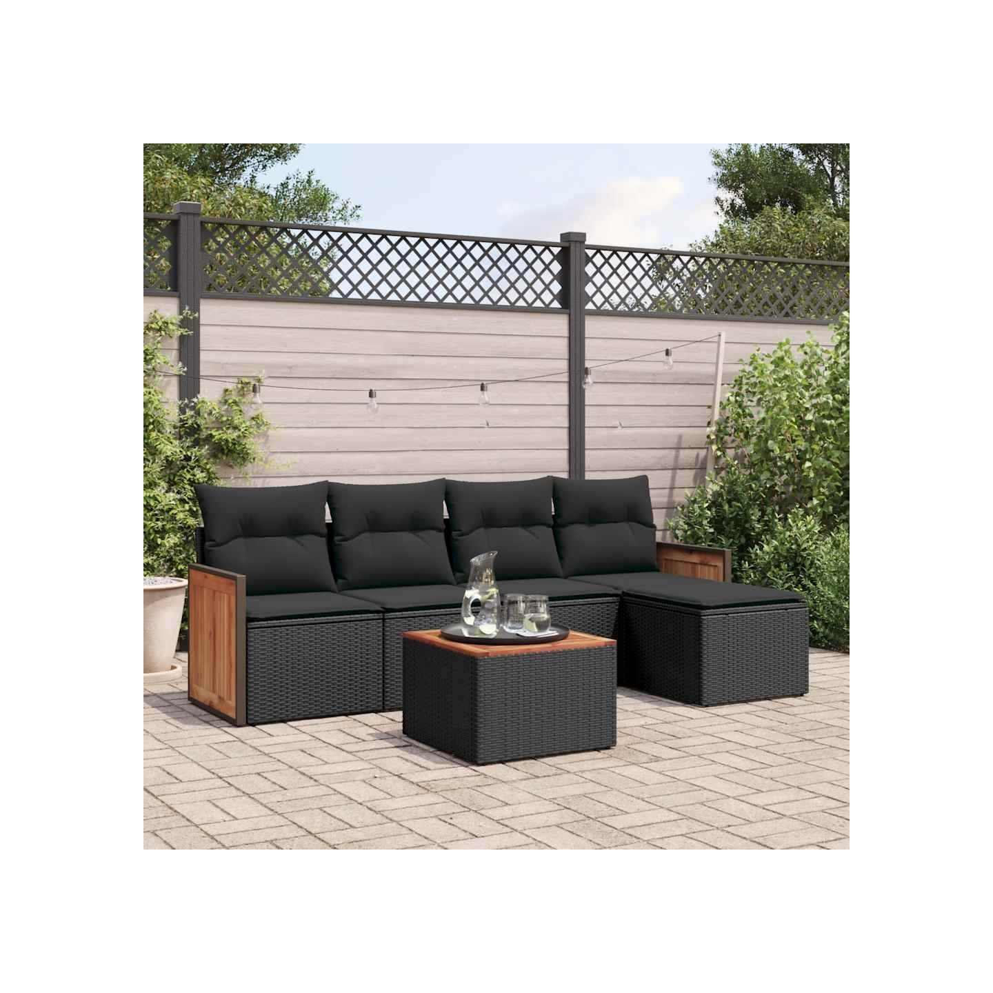 Salon de jardin 6 pcs avec coussins noir résine tressée