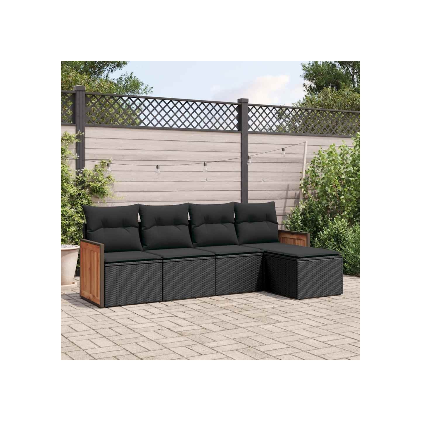 Salon de jardin 5 pcs avec coussins noir résine tressée
