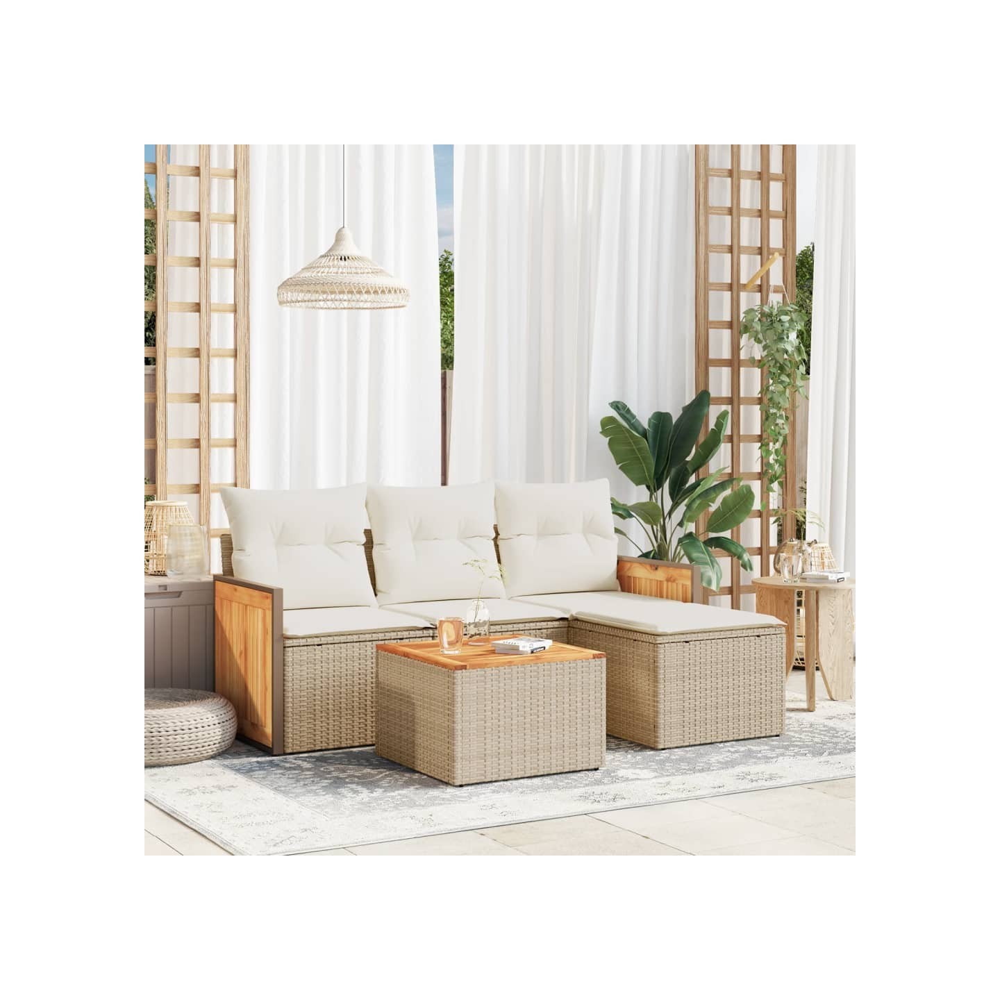 Salon de jardin avec coussins 5 pcs beige résine tressée