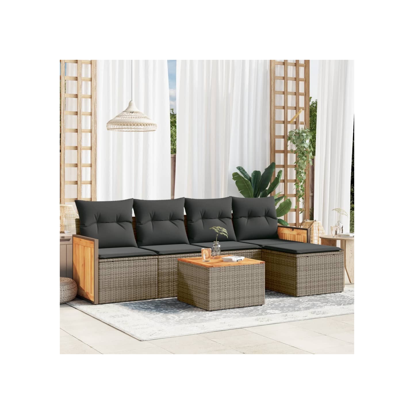 Salon de jardin 6 pcs avec coussins gris résine tressée