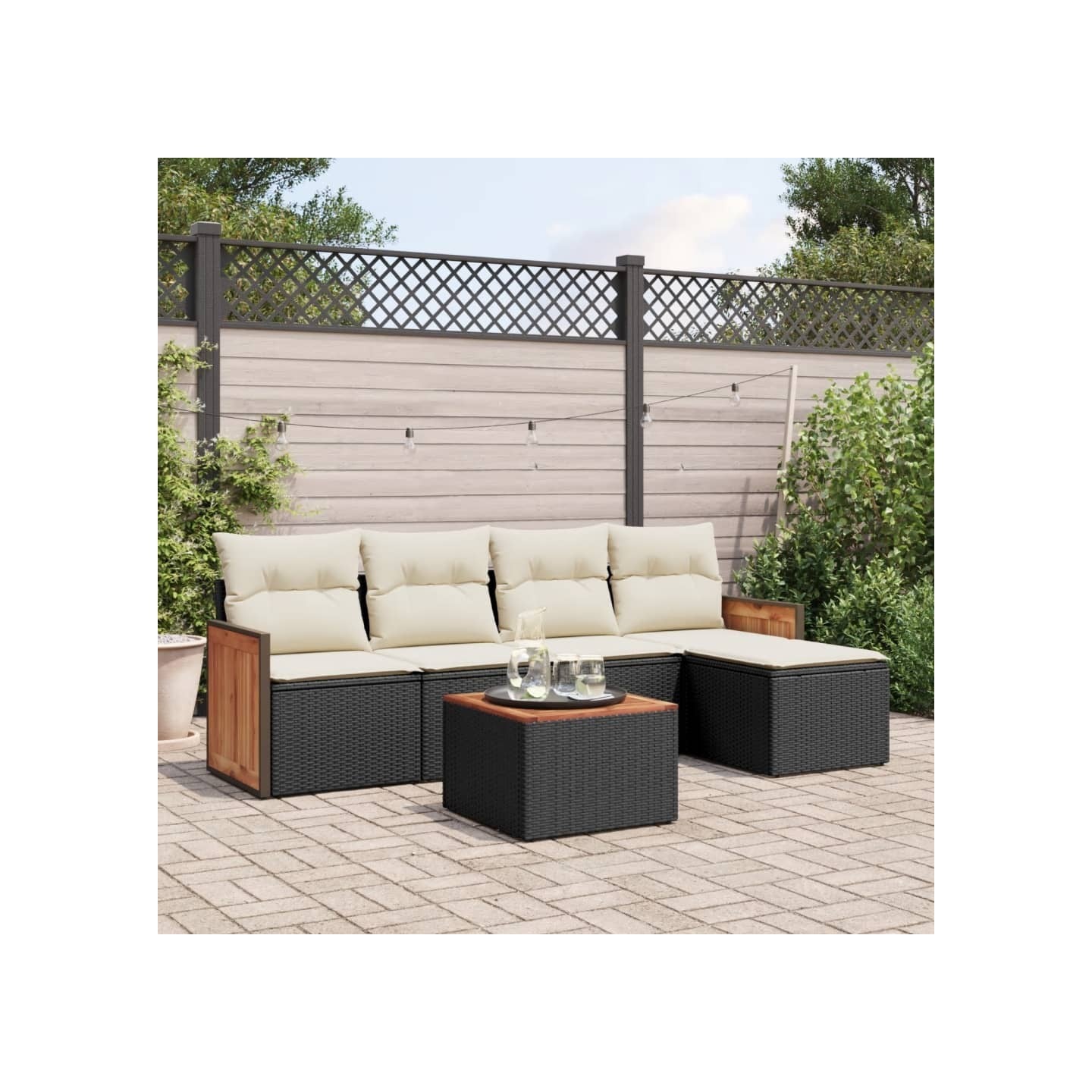 Salon de jardin 6 pcs avec coussins noir résine tressée