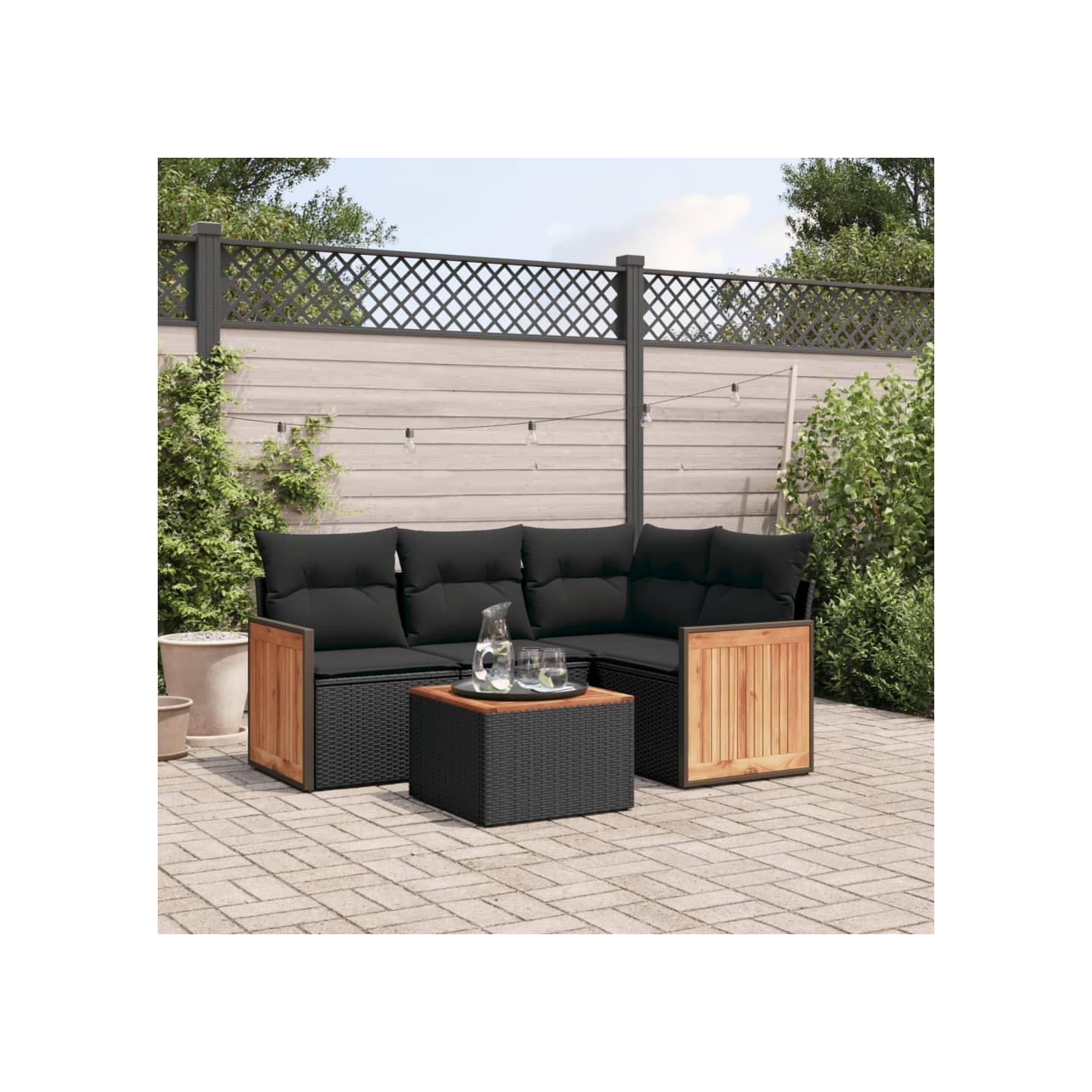 Salon de jardin 5 pcs avec coussins noir résine tressée
