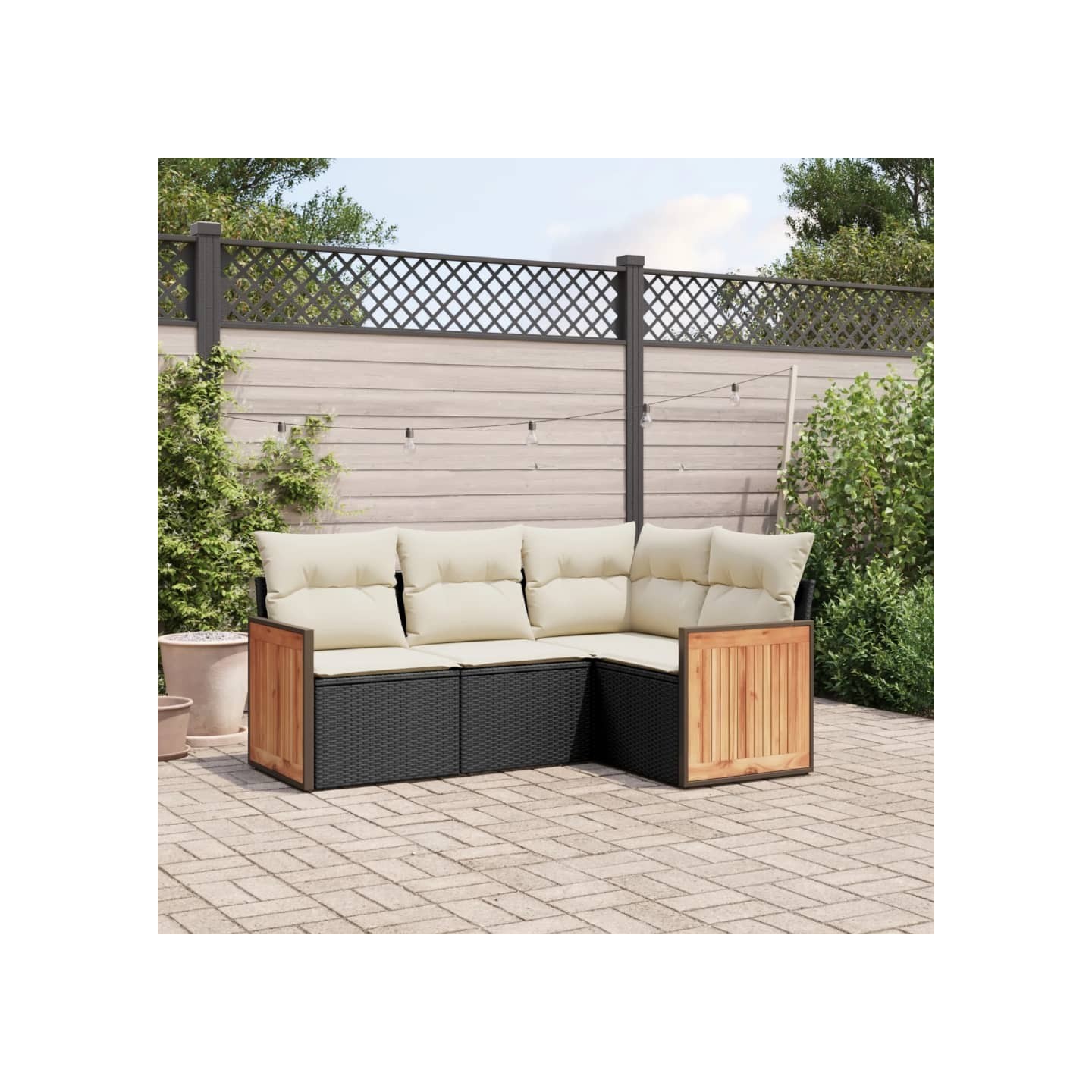 Salon de jardin 4 pcs avec coussins noir résine tressée