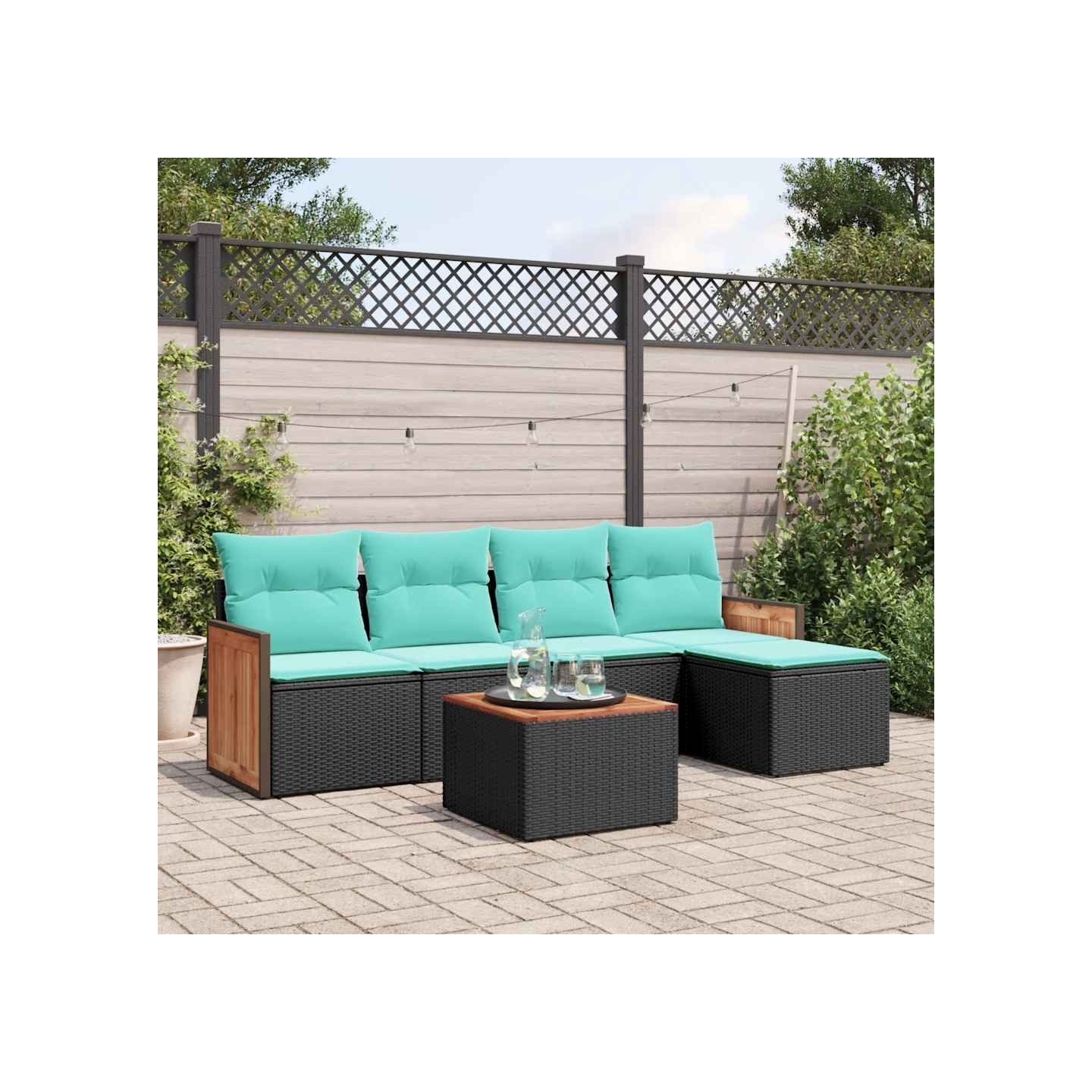 Ensemble de canapé de jardin 6 pcs avec coussins noir résine tressée