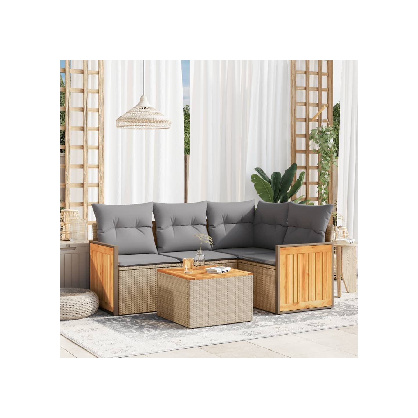 Salon de jardin avec coussins 5 pcs beige résine tressée