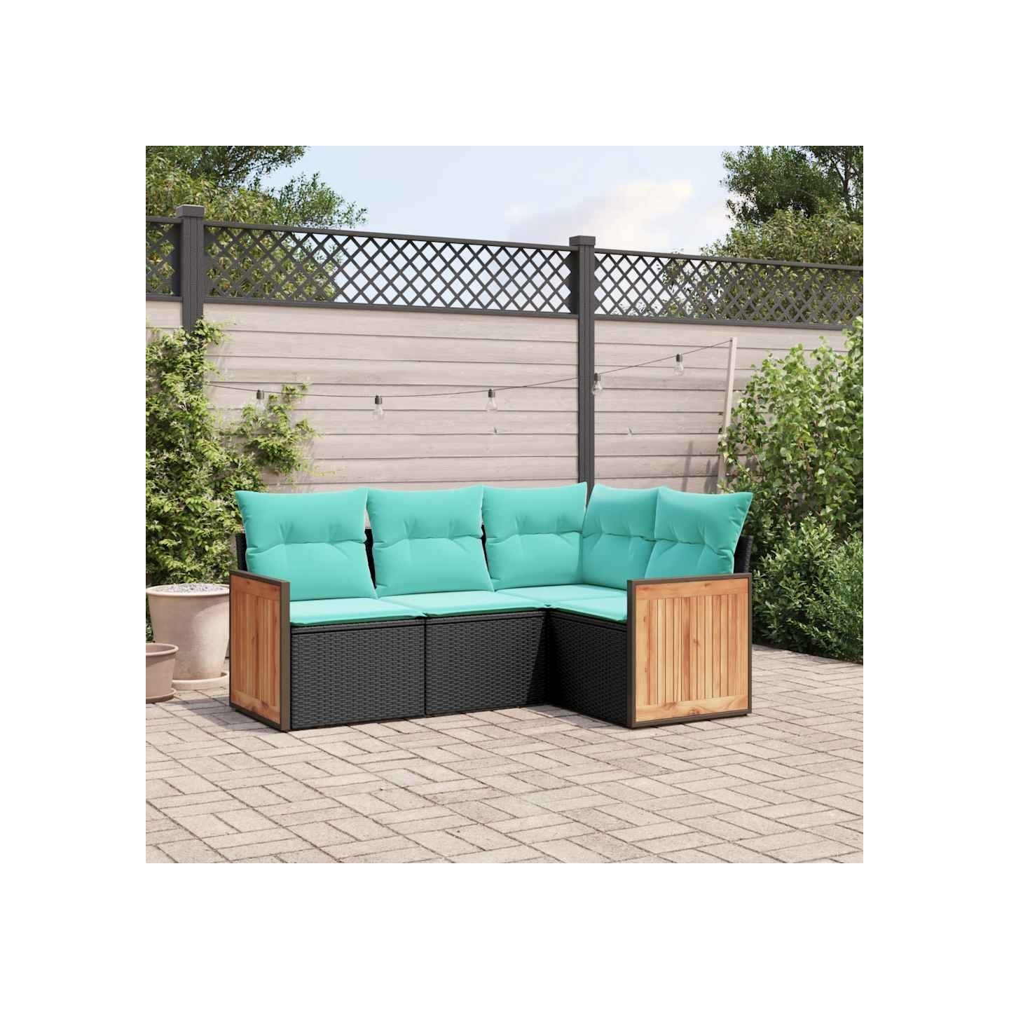 Salon de jardin 4 pcs avec coussins noir résine tressée
