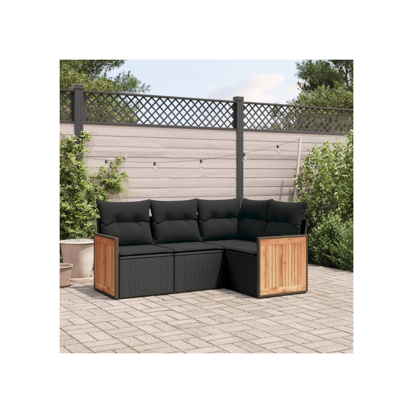 Salon de jardin 4 pcs avec coussins noir résine tressée