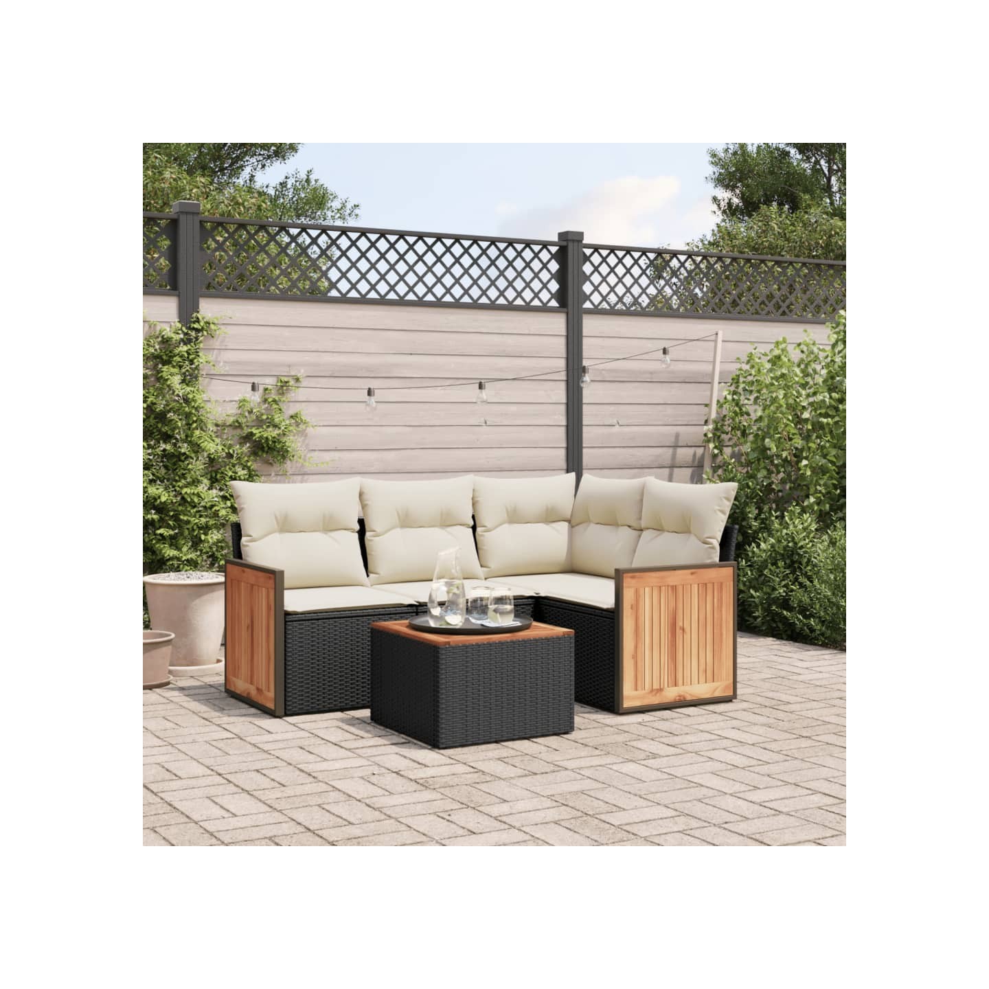Salon de jardin 5 pcs avec coussins noir résine tressée