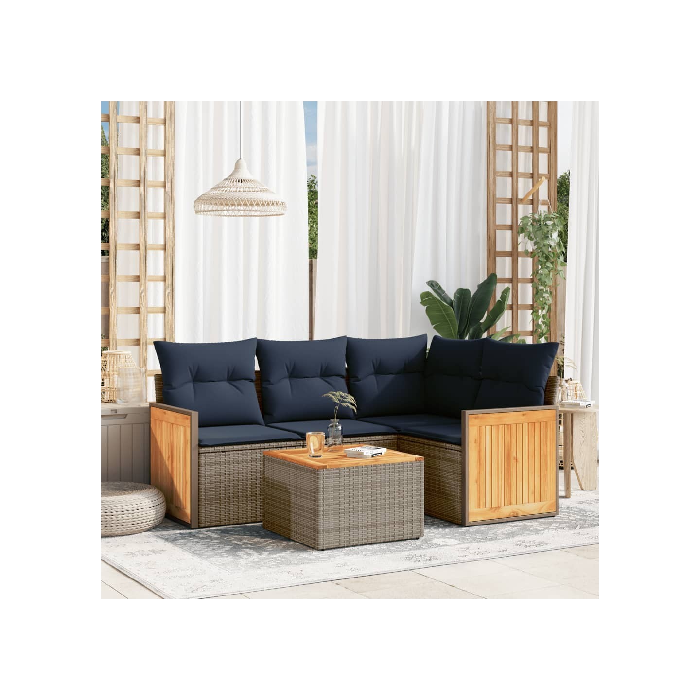 Ensemble de canapé de jardin 5 pcs avec coussins gris résine tressée