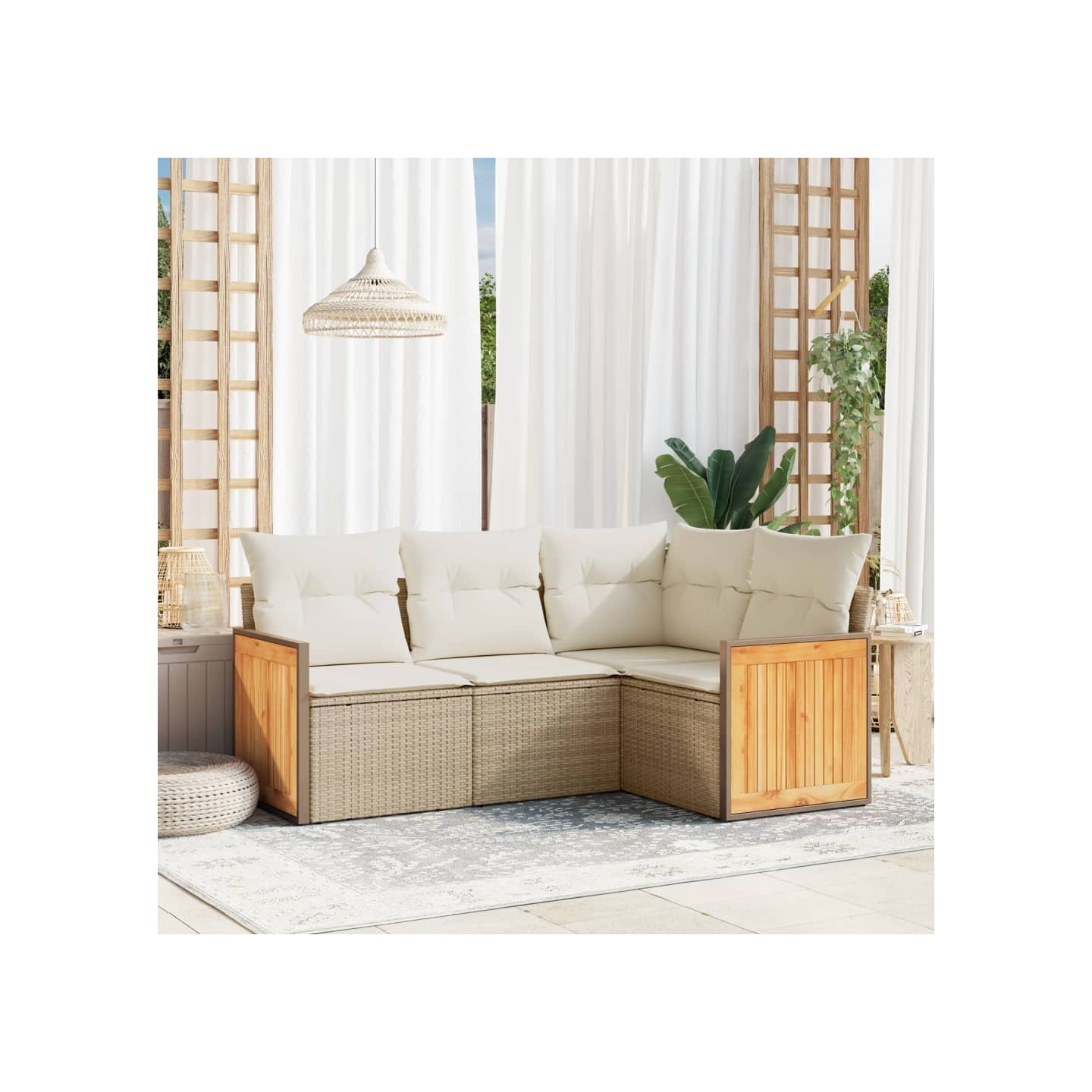 Salon de jardin avec coussins 4 pcs beige résine tressée