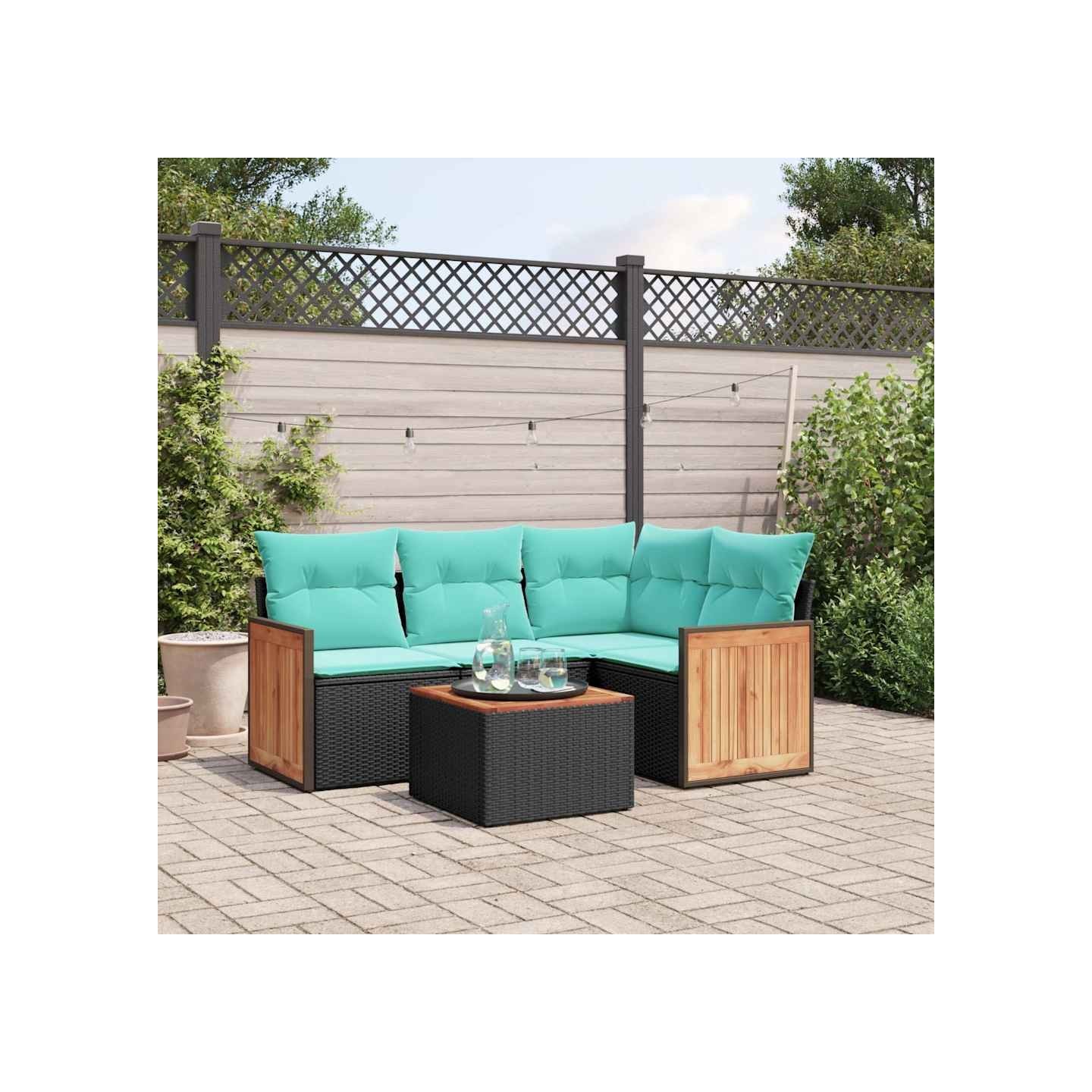Ensemble de canapé de jardin 5 pcs avec coussins noir résine tressée