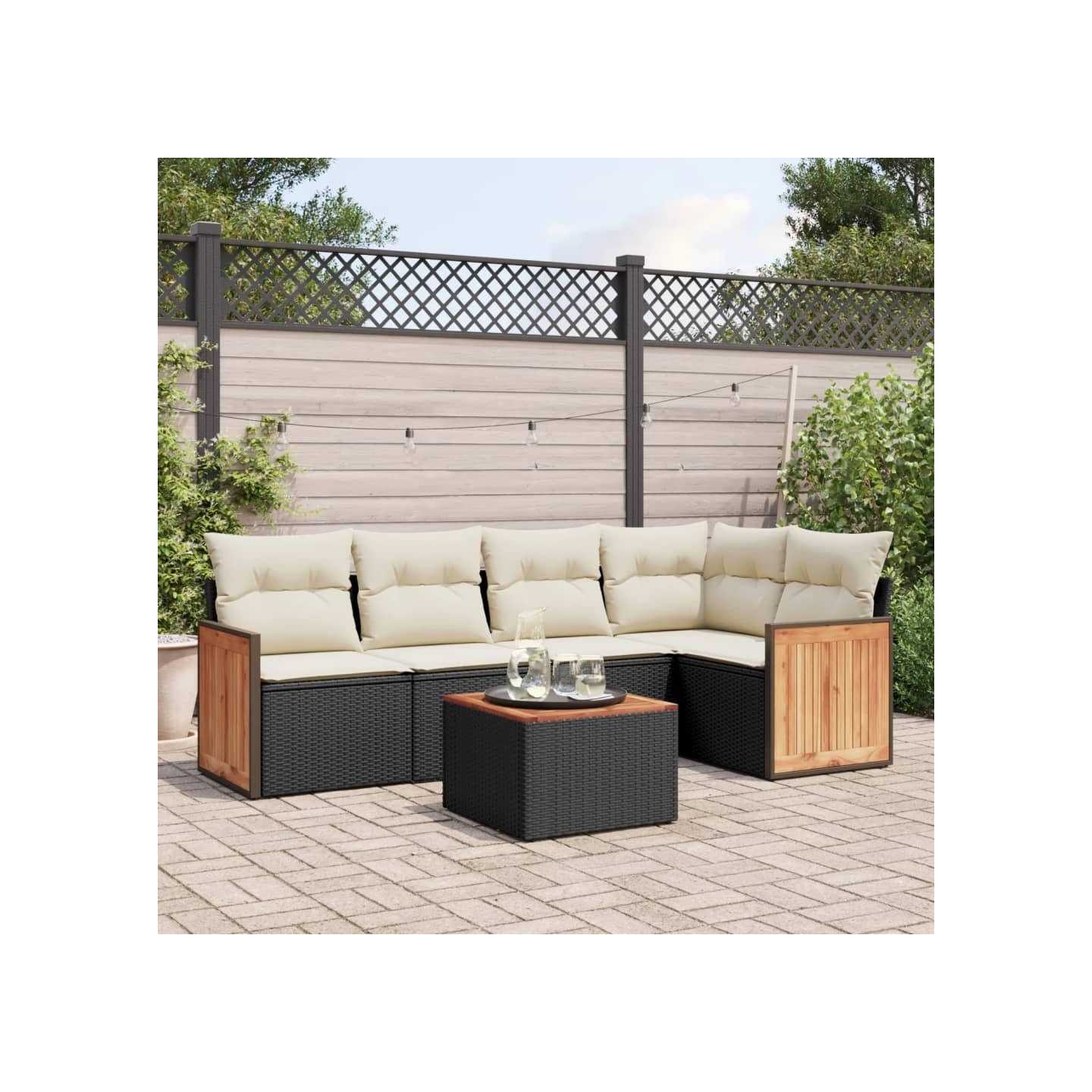 Salon de jardin 6 pcs avec coussins noir résine tressée