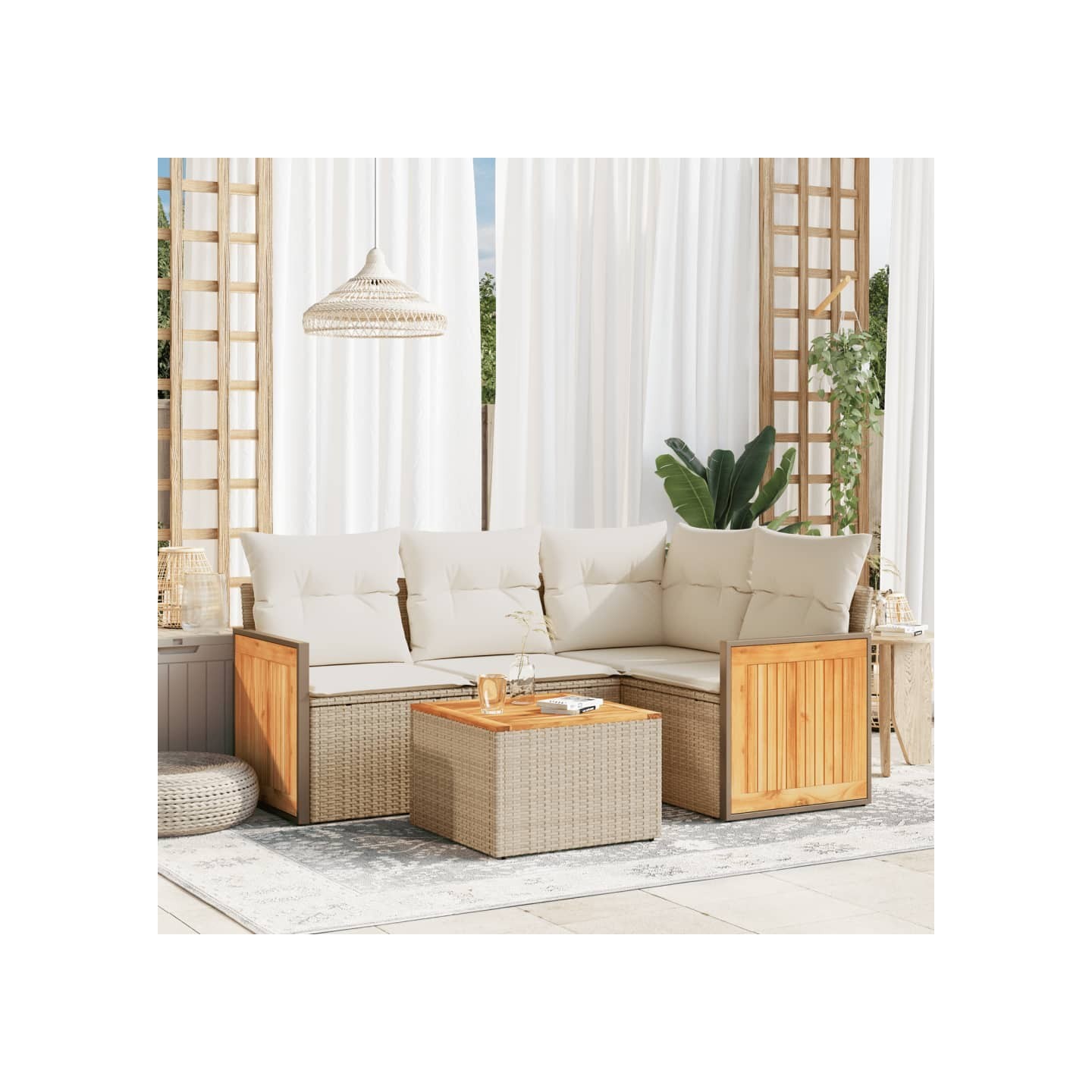 Salon de jardin avec coussins 5 pcs beige résine tressée