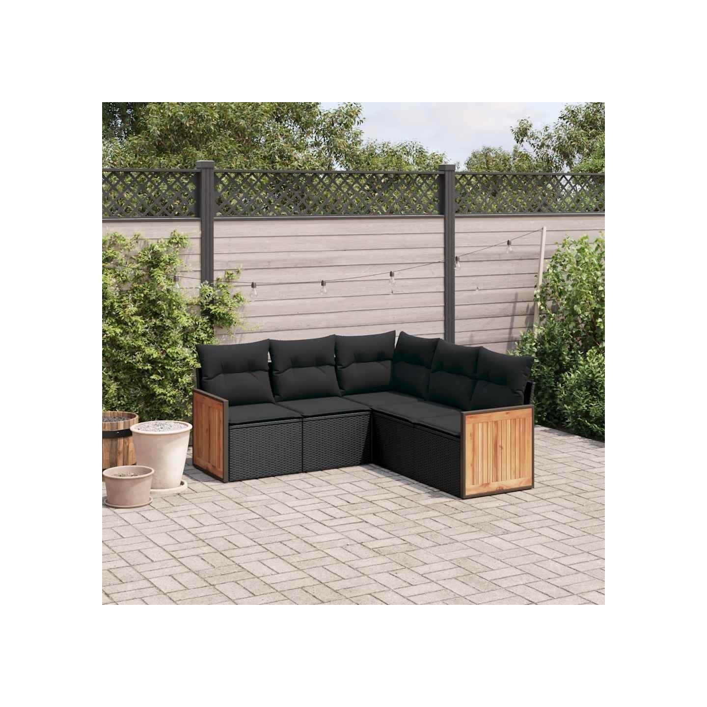 Salon de jardin 5 pcs avec coussins noir résine tressée