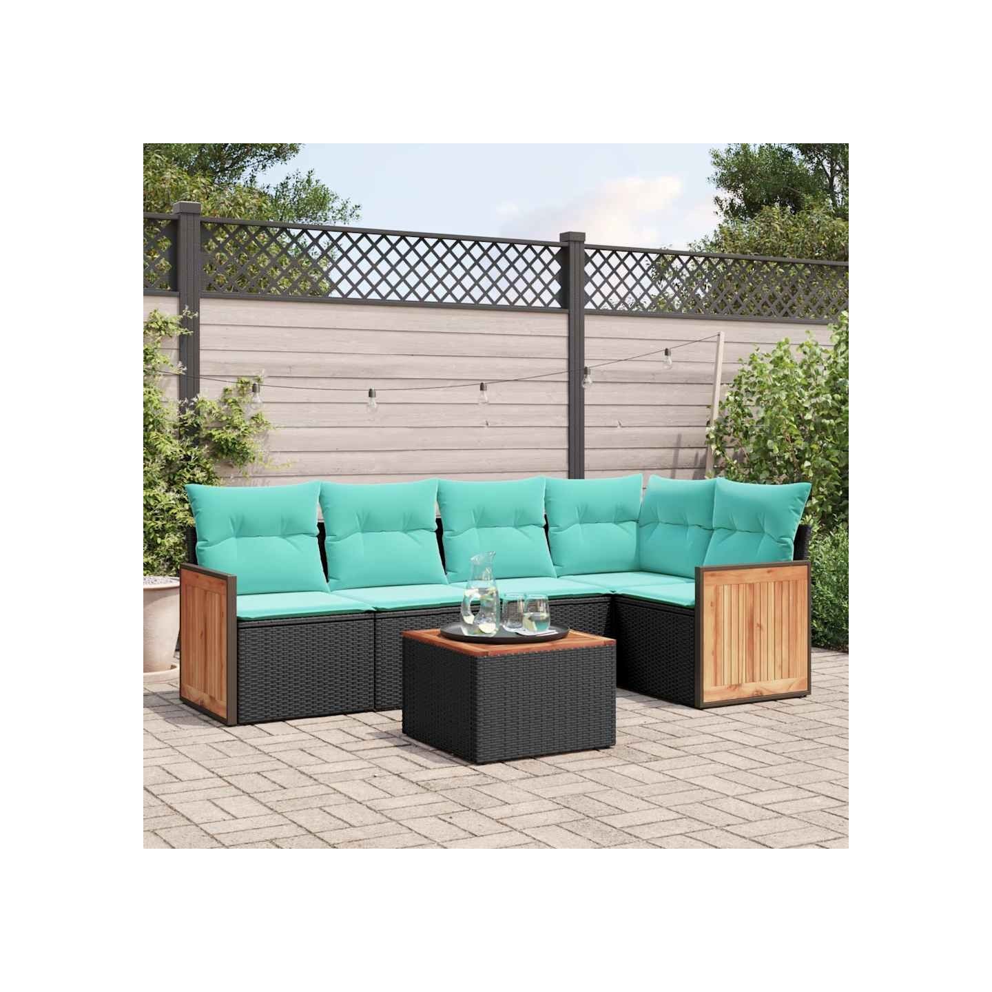 Ensemble de canapé de jardin 6 pcs avec coussins noir résine tressée