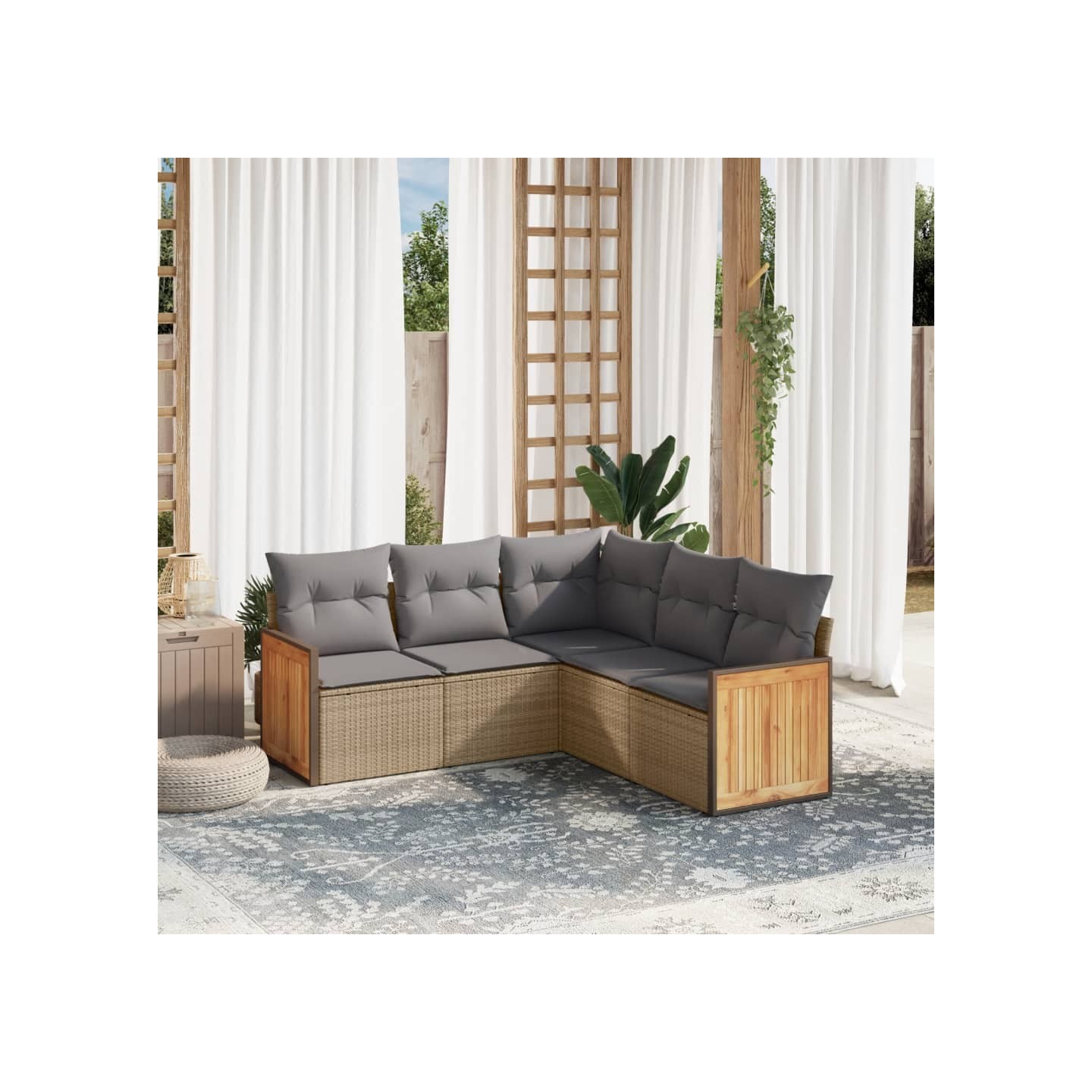 Salon de jardin avec coussins 5 pcs beige résine tressée