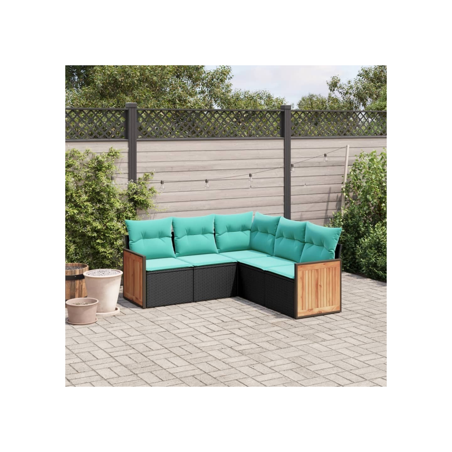 Salon de jardin 5 pcs avec coussins noir résine tressée