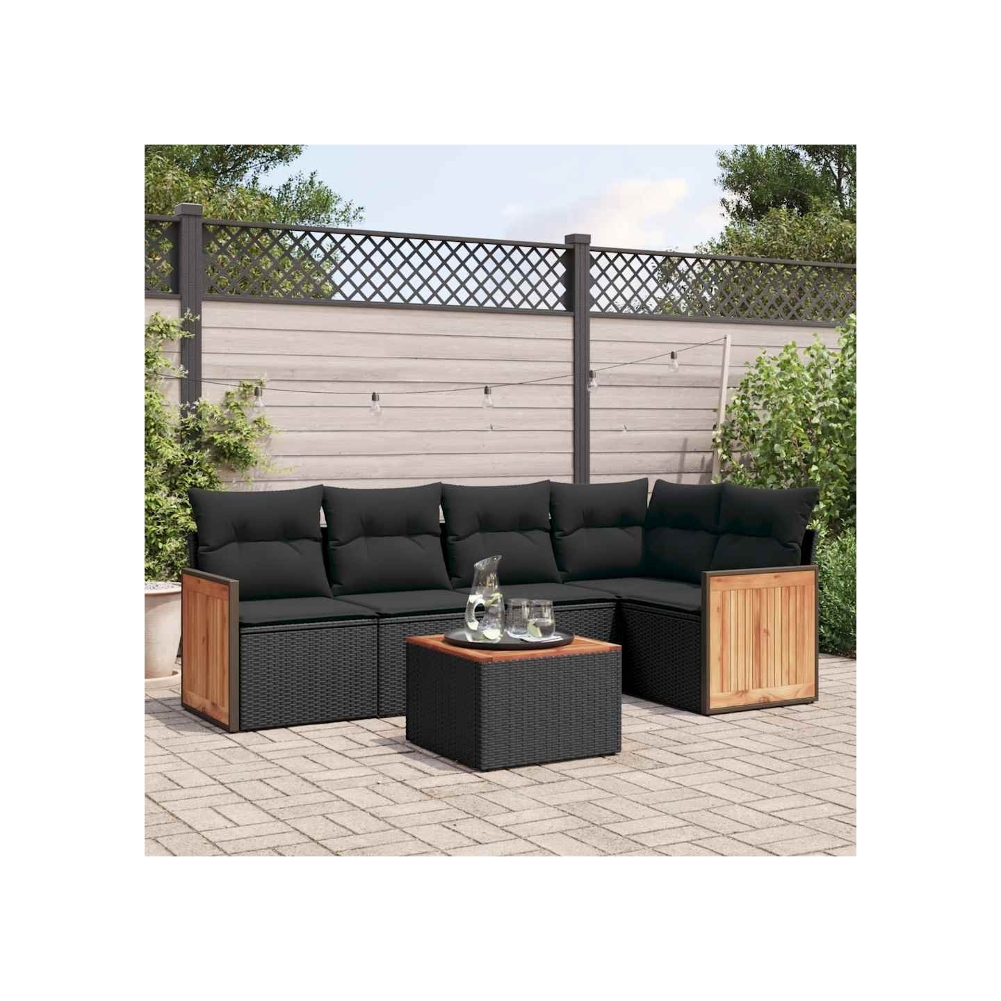 Salon de jardin 6 pcs avec coussins noir résine tressée