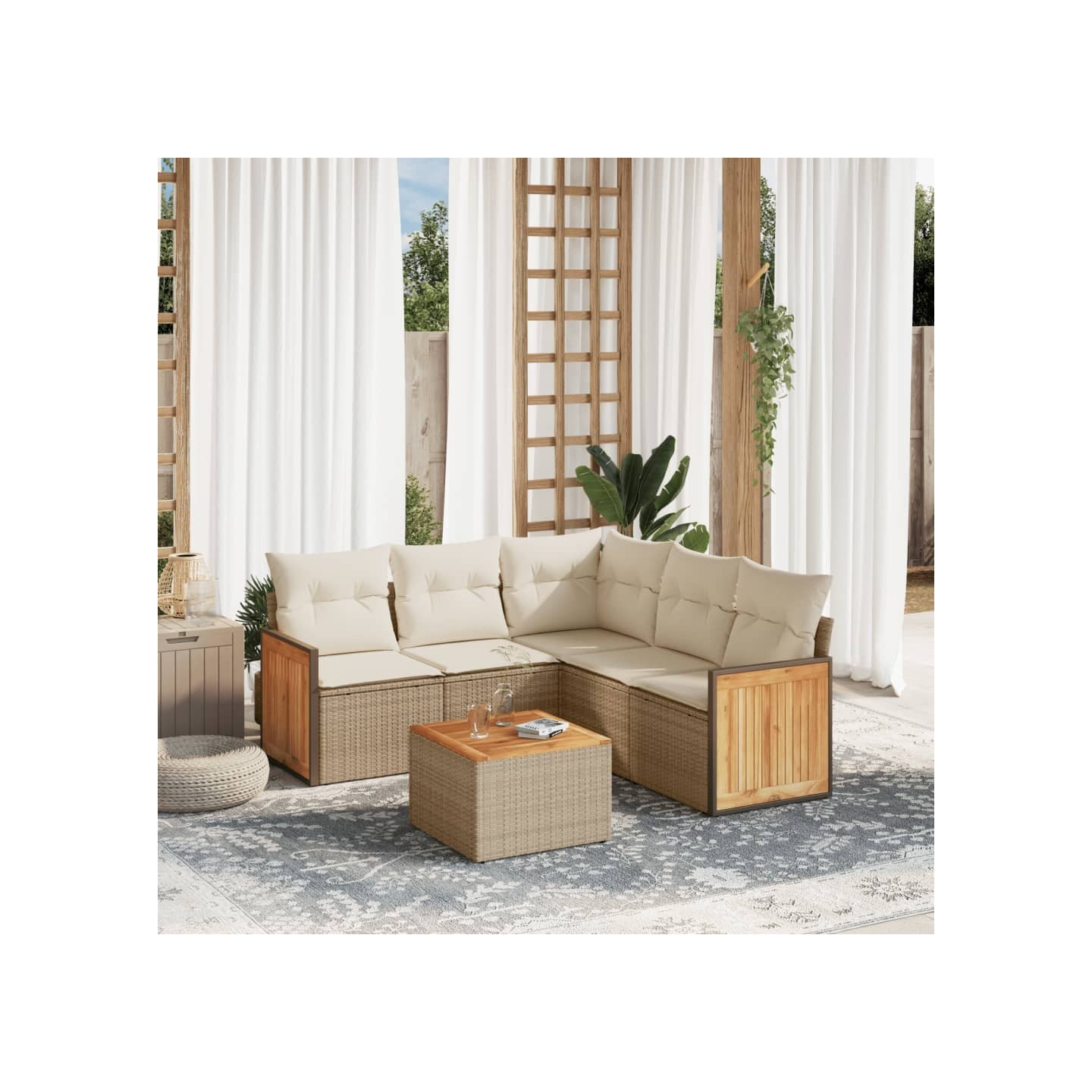 Salon de jardin avec coussins 6 pcs beige résine tressée