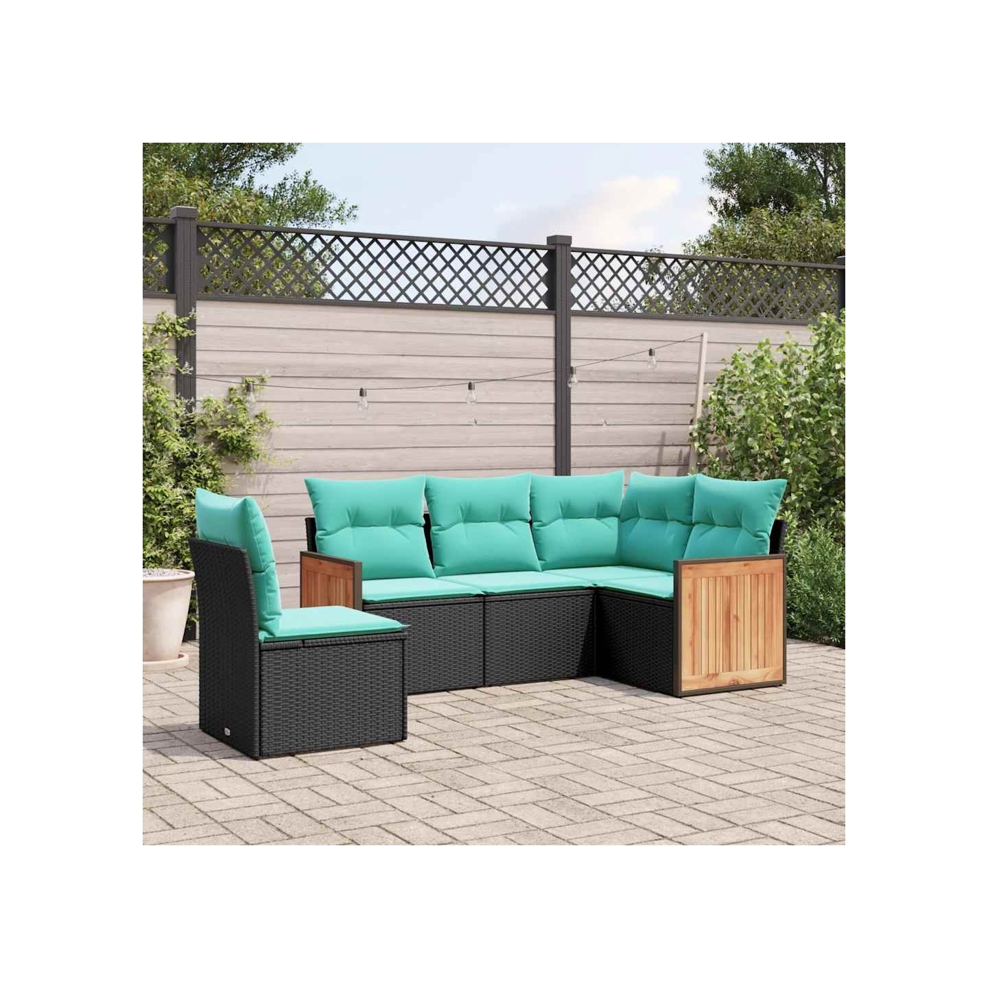 Salon de jardin 5 pcs avec coussins noir résine tressée