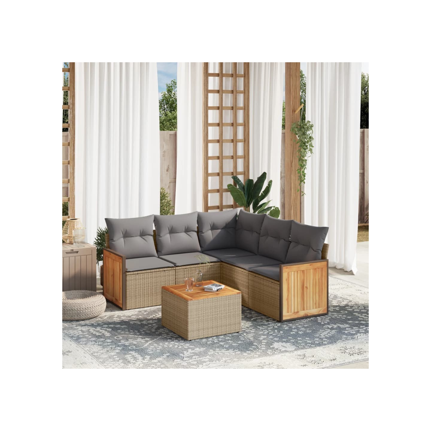 Salon de jardin avec coussins 6 pcs beige résine tressée