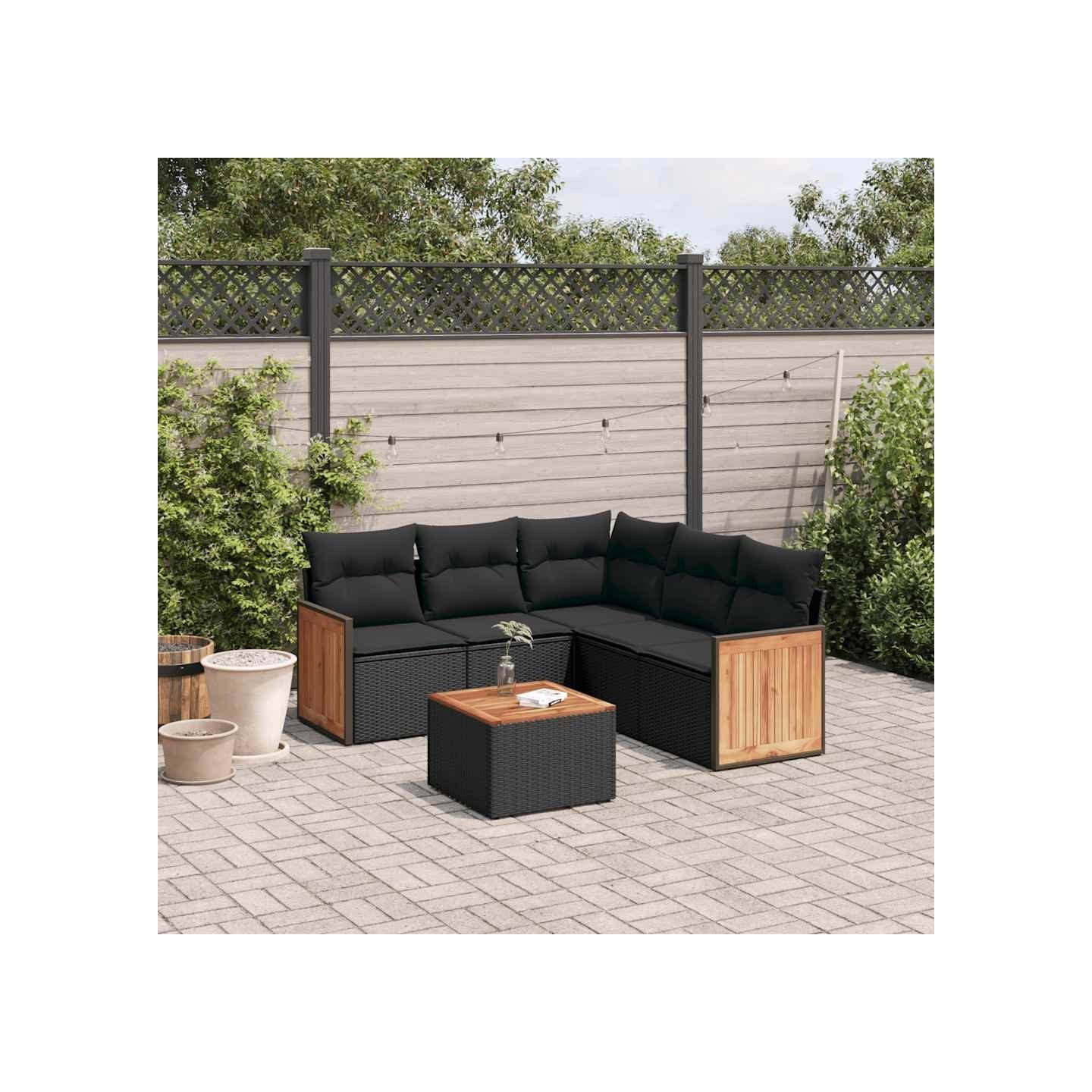 Salon de jardin 6 pcs avec coussins noir résine tressée