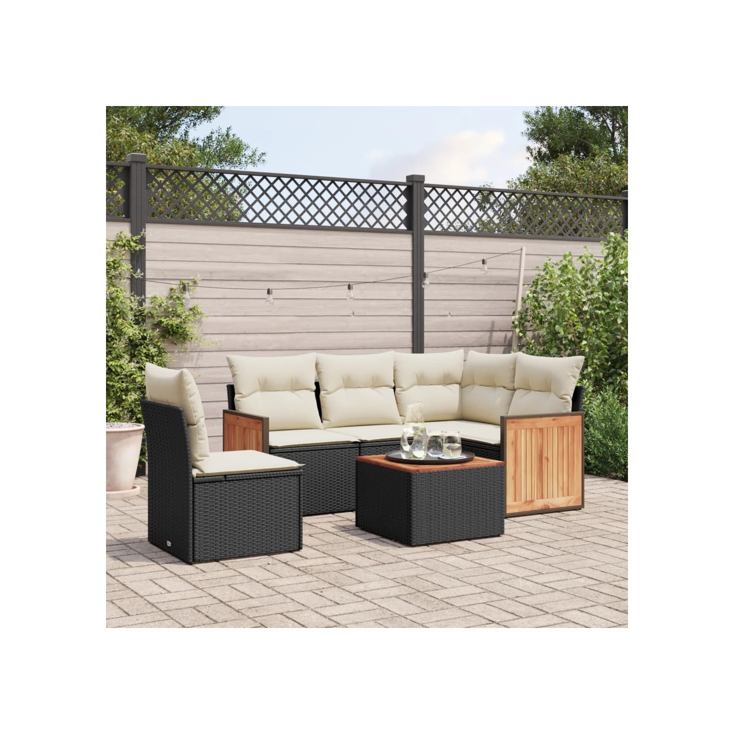 Salon de jardin 6 pcs avec coussins noir résine tressée