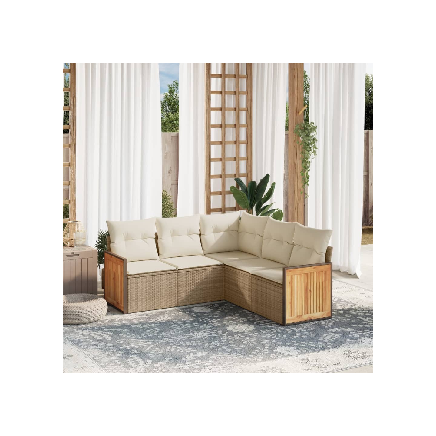 Salon de jardin avec coussins 5 pcs beige résine tressée