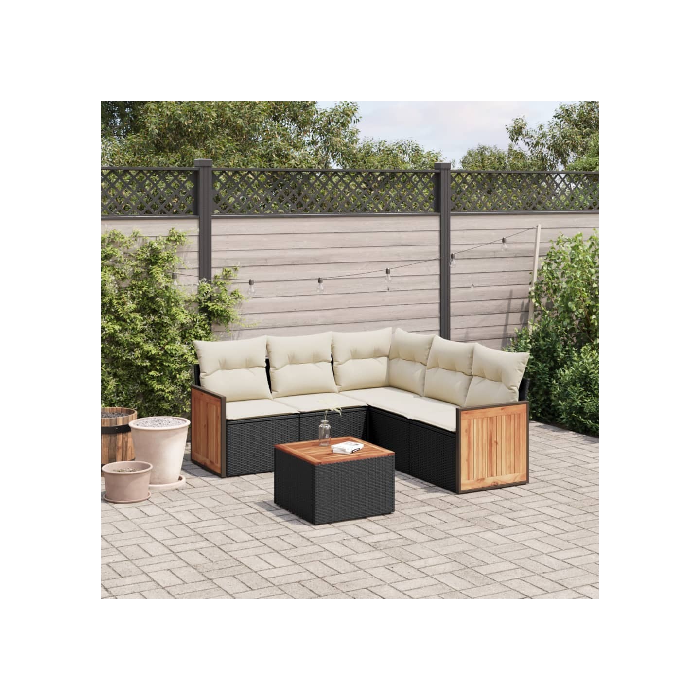 Salon de jardin 6 pcs avec coussins noir résine tressée