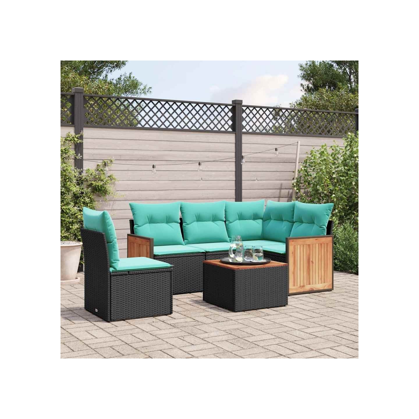 Ensemble de canapé de jardin 6 pcs avec coussins noir résine tressée