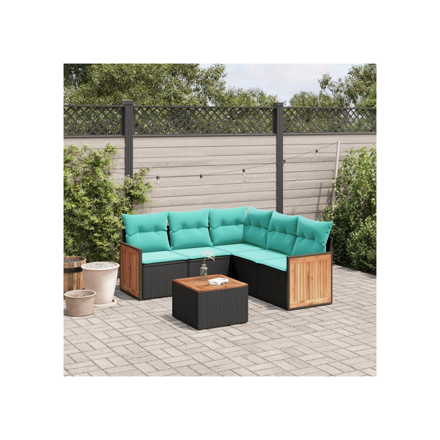 Ensemble de canapé de jardin 6 pcs avec coussins noir résine tressée