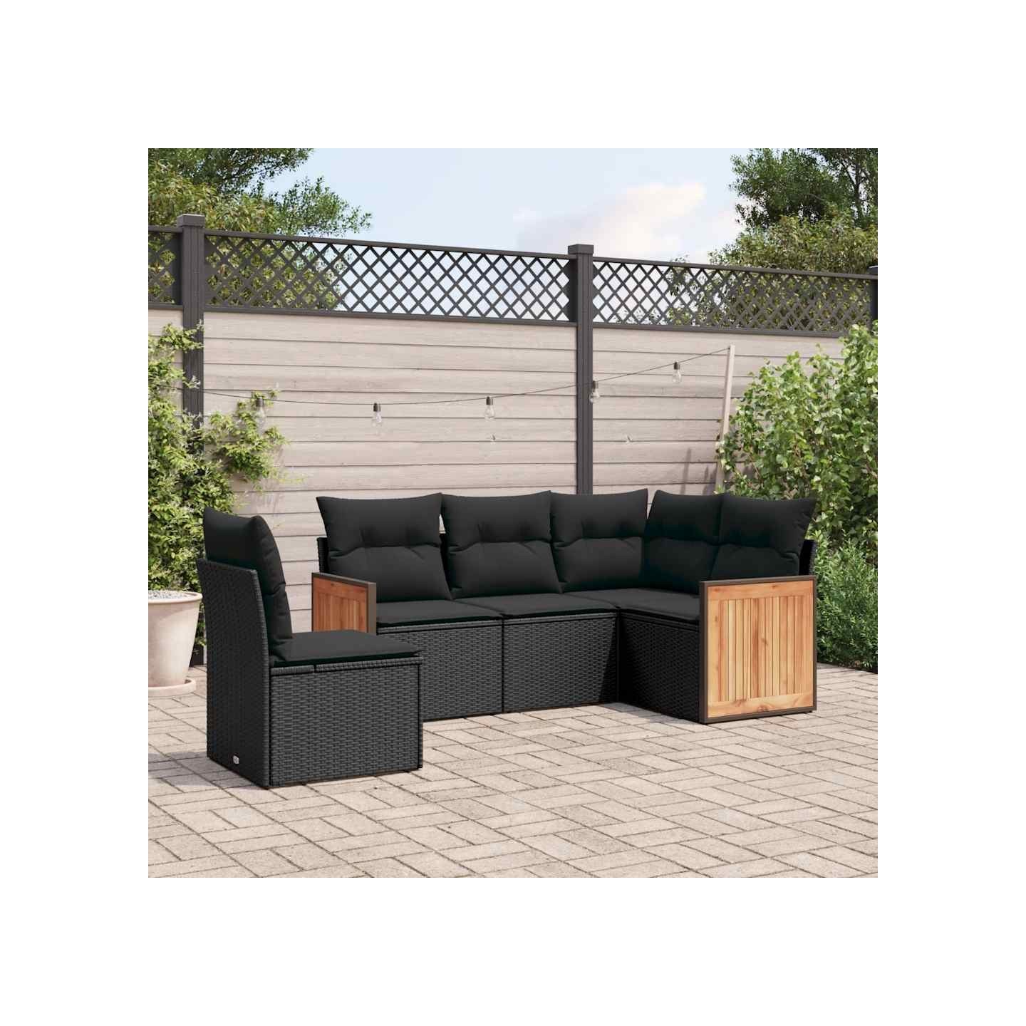 Salon de jardin 5 pcs avec coussins noir résine tressée