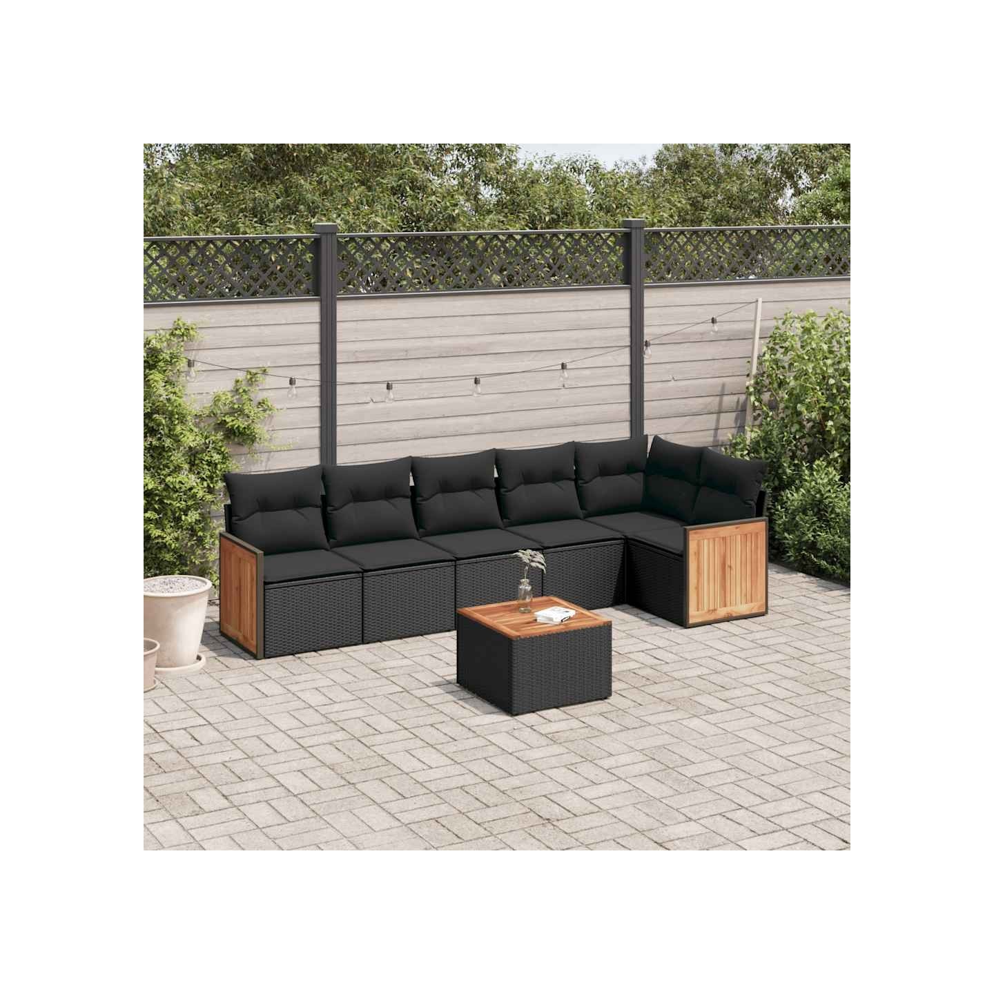 Salon de jardin 7 pcs avec coussins noir résine tressée