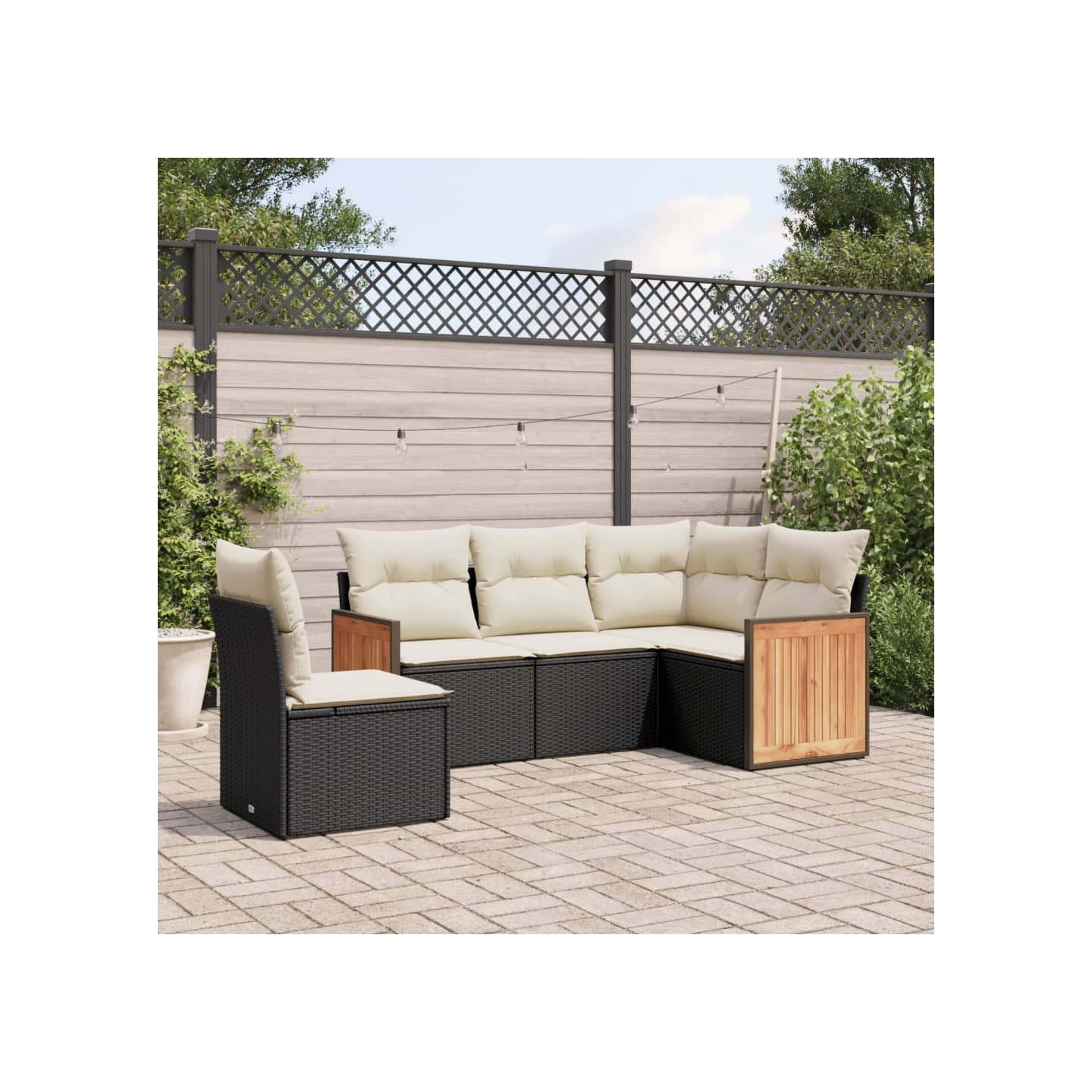 Salon de jardin 5 pcs avec coussins noir résine tressée