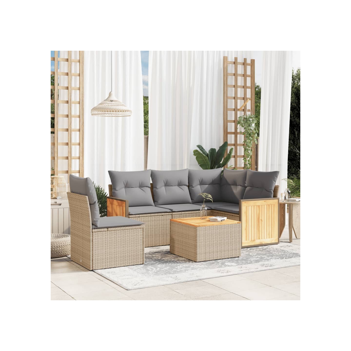 Salon de jardin avec coussins 6 pcs beige résine tressée