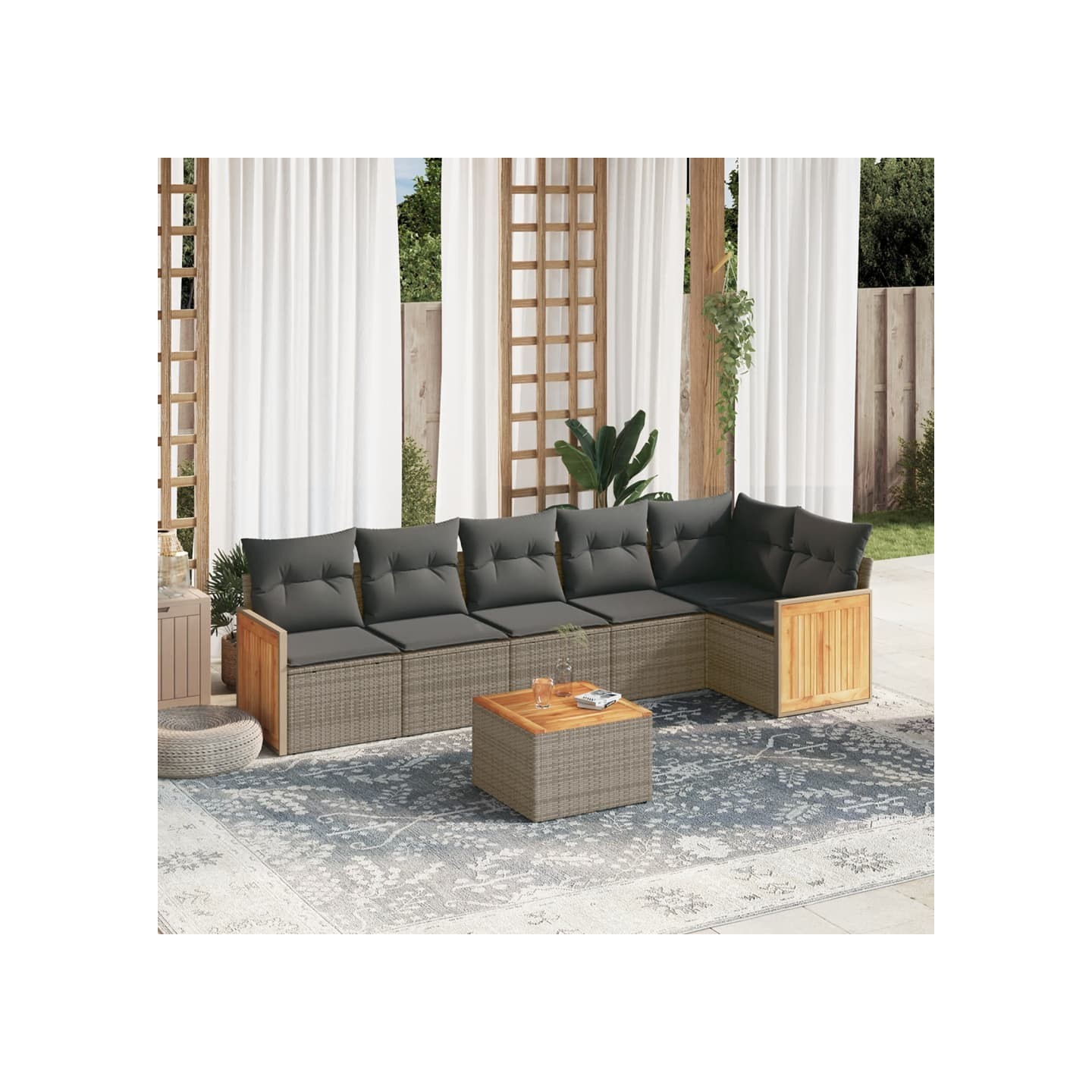 Salon de jardin avec coussins 7 pcs gris résine tressée